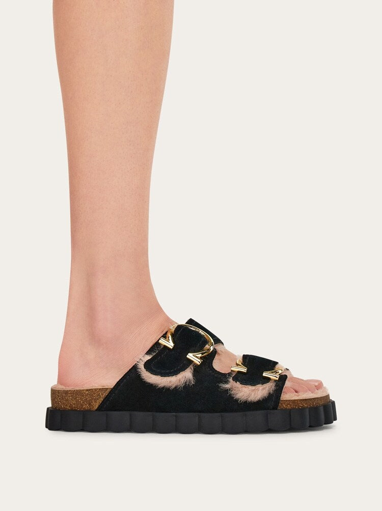 FERRAGAMO WOMEN'S BLACK SHEARLING LEATHER SLIDE SHOE
