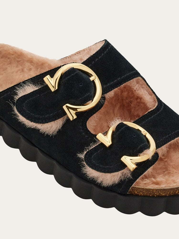 FERRAGAMO WOMEN'S BLACK SHEARLING LEATHER SLIDE SHOE