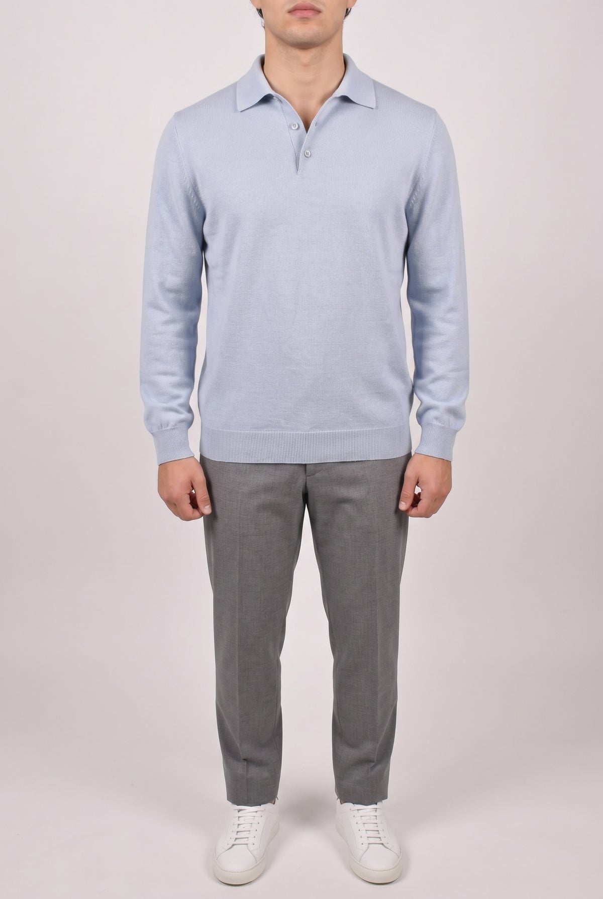 BRUNELLO CUCINELLI MEN'S LIGHT BLUE CASHMERE POLO SWEATER