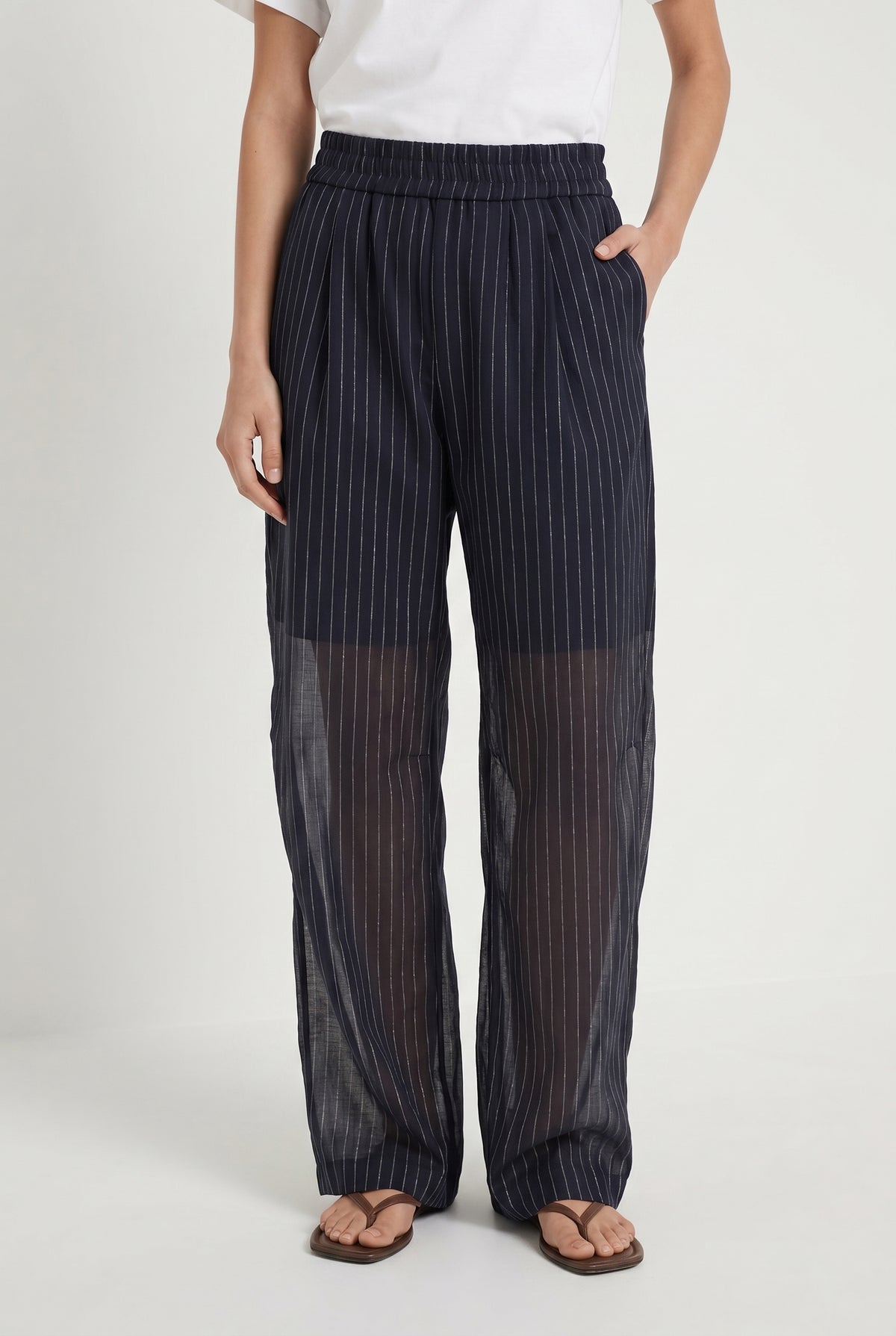 BRUNELLO CUCINELLI WOMEN'S NAVY STRIPED WIDE TROUSERS