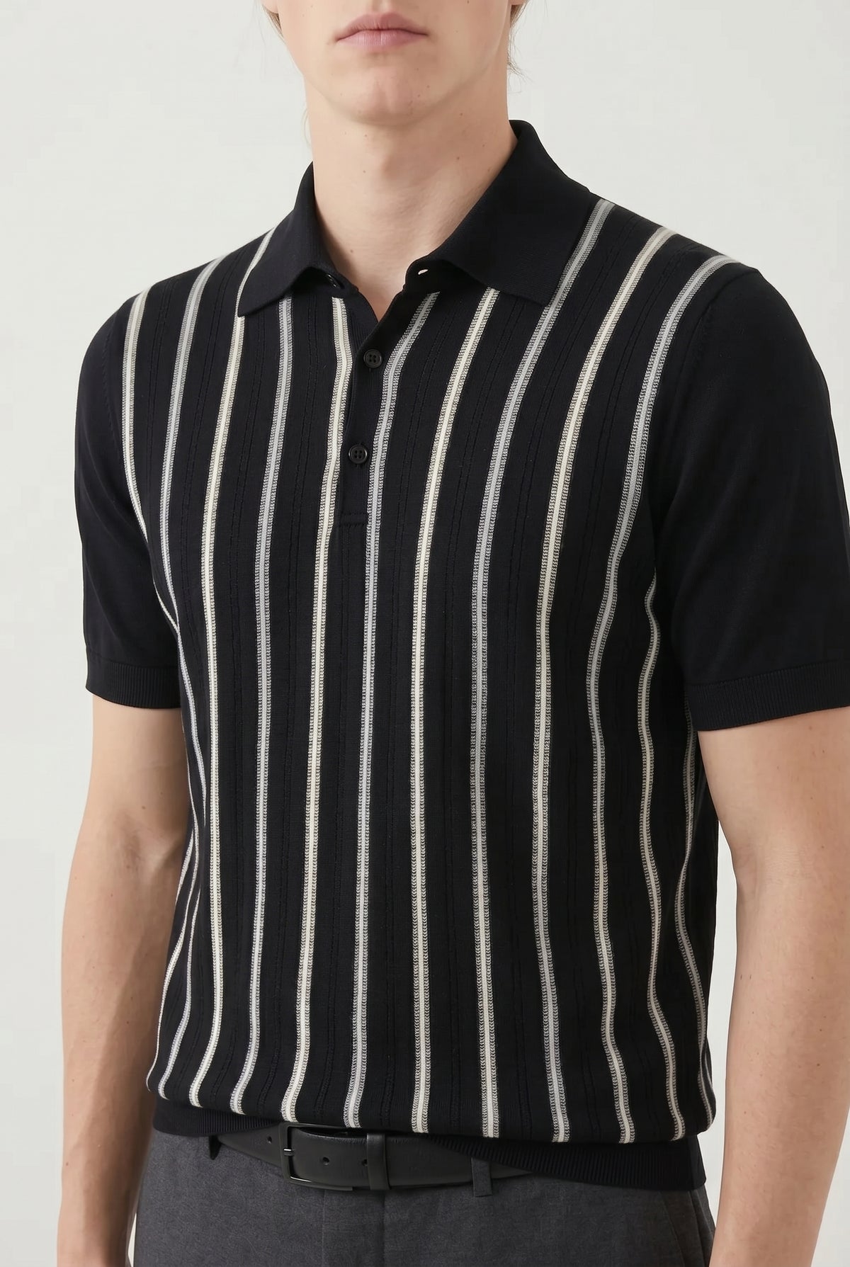 BRUNELLO CUCINELLI MEN'S BLACK STRIPED COTTON POLO SHIRT