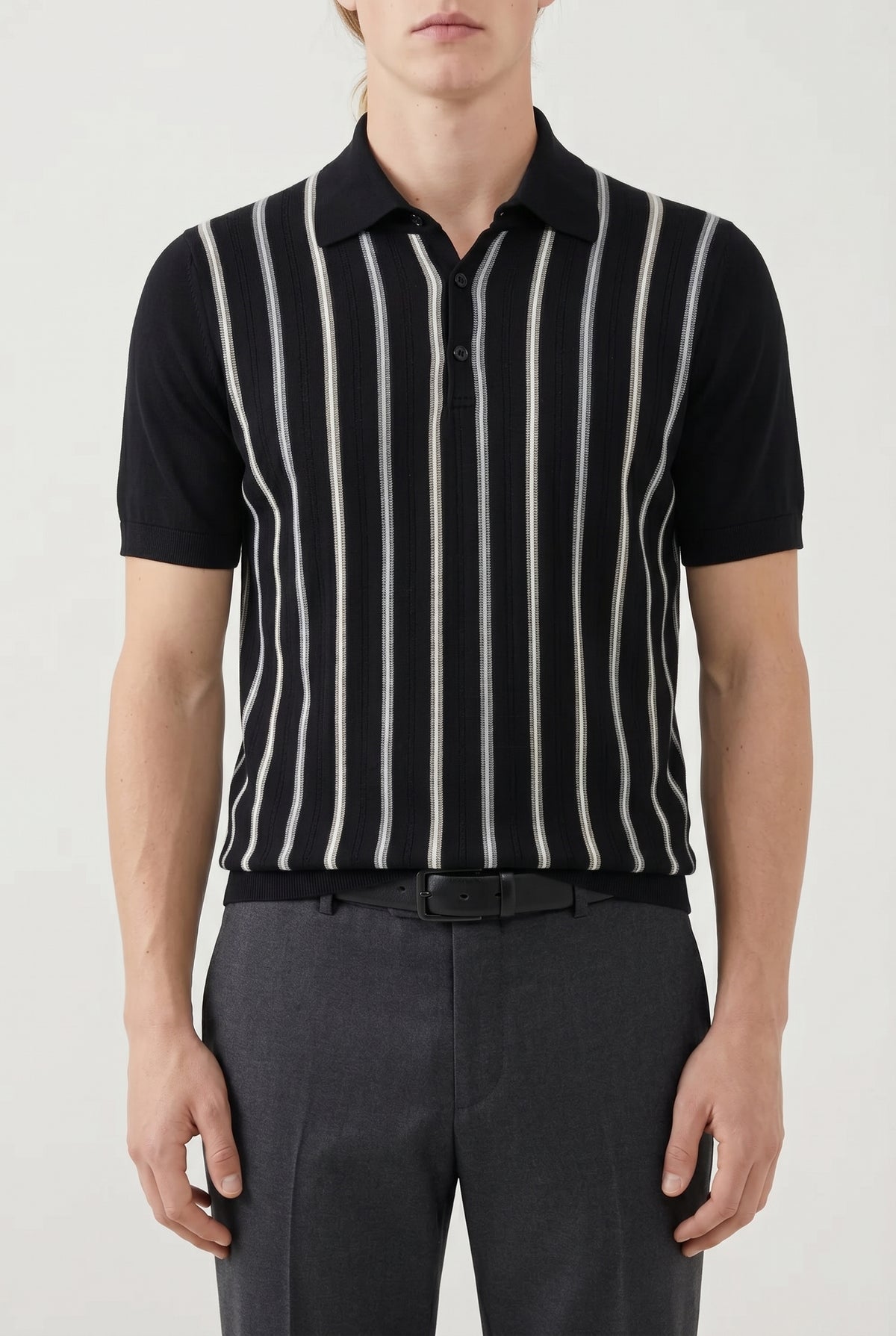 BRUNELLO CUCINELLI MEN'S BLACK STRIPED COTTON POLO SHIRT