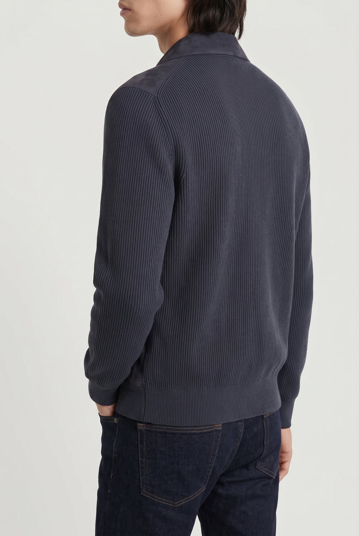 BRUNELLO CUCINELLI MEN'S DARK BLUE LEATHER KNIT JACKET