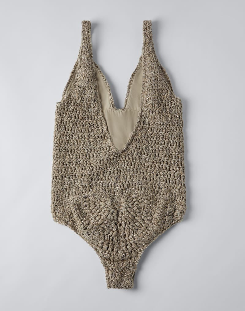 BRUNELLO CUCINELLI WOMEN'S BEIGE LINEN SILK CROCHET BODYSUIT