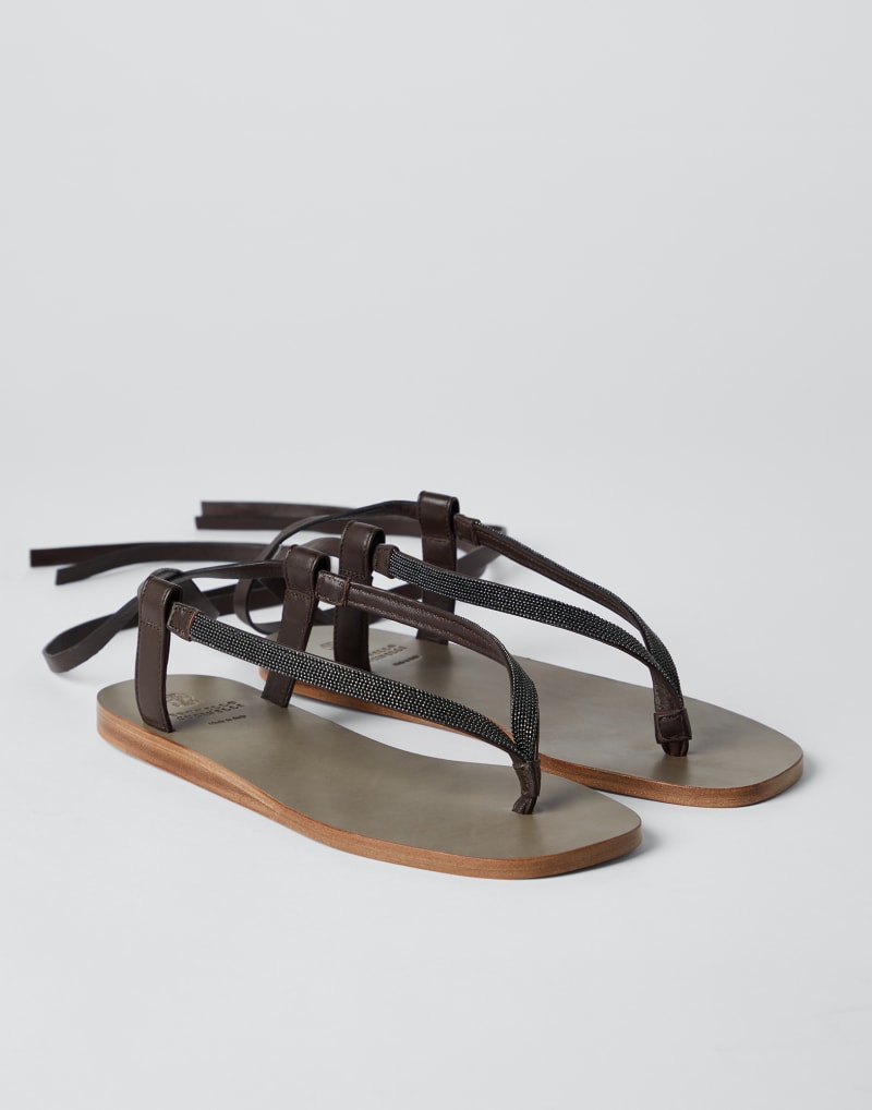 BRUNELLO CUCINELLI WOMEN'S DARK BROWN LEATHER THONG SANDALS