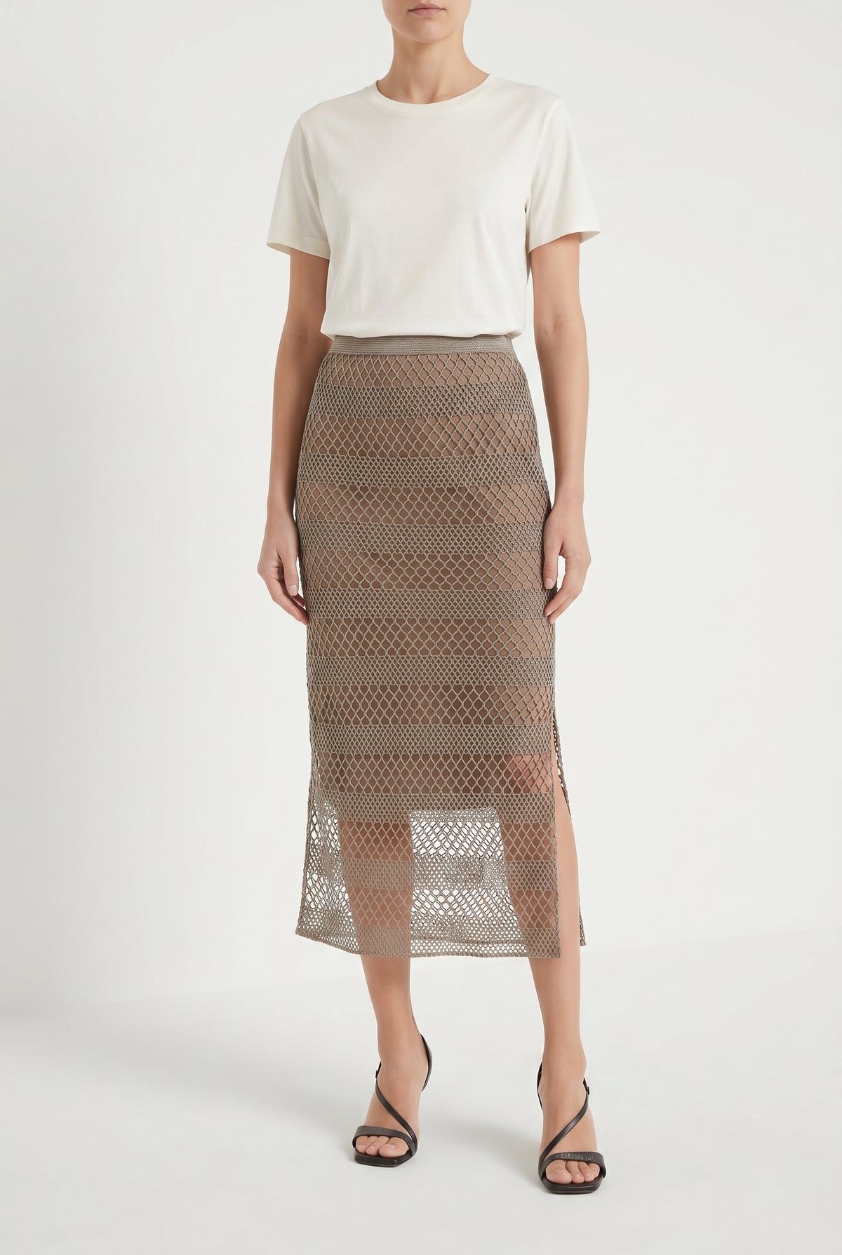 BRUNELLO CUCINELLI WOMEN'S TAUPE MESH MIDI SKIRT