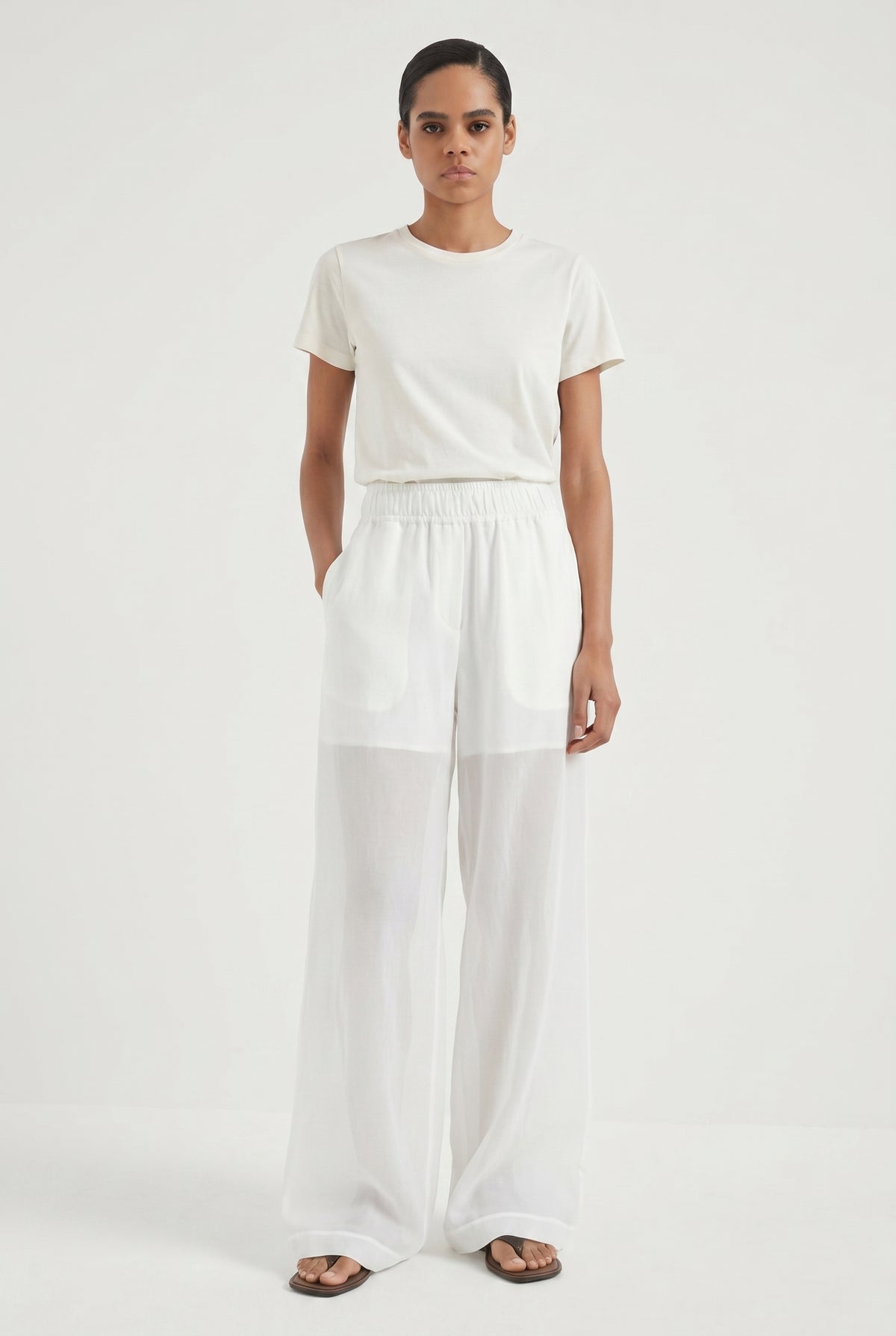 BRUNELLO CUCINELLI WOMEN'S WHITE WIDE LEG COTTON TROUSERS
