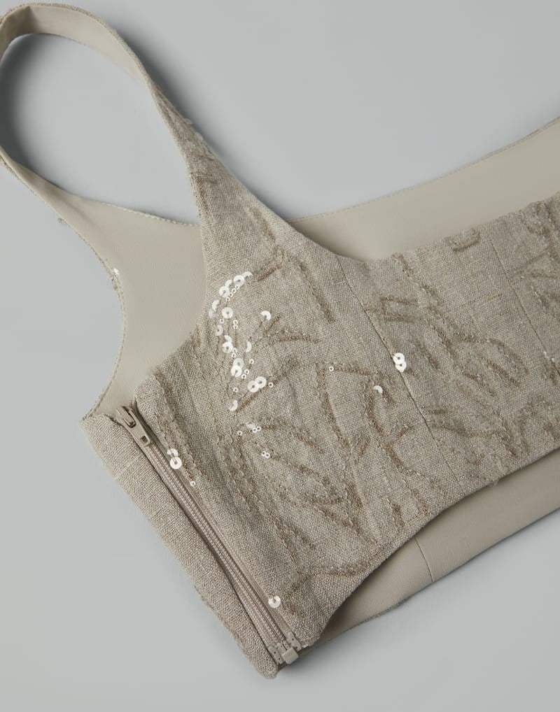BRUNELLO CUCINELLI WOMEN'S BEIGE LINEN CROPPED TOP