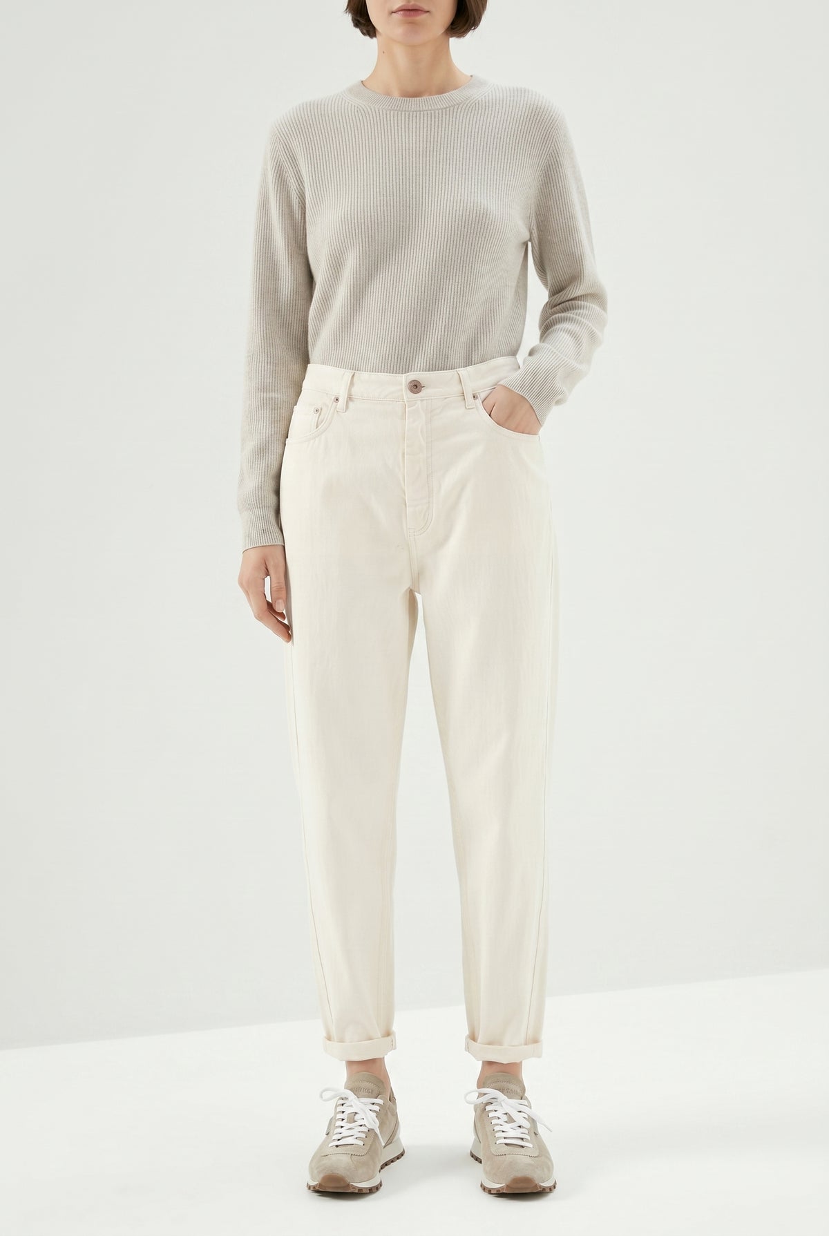 BRUNELLO CUCINELLI WOMEN'S OFF WHITE RELAXED COTTON TROUSERS
