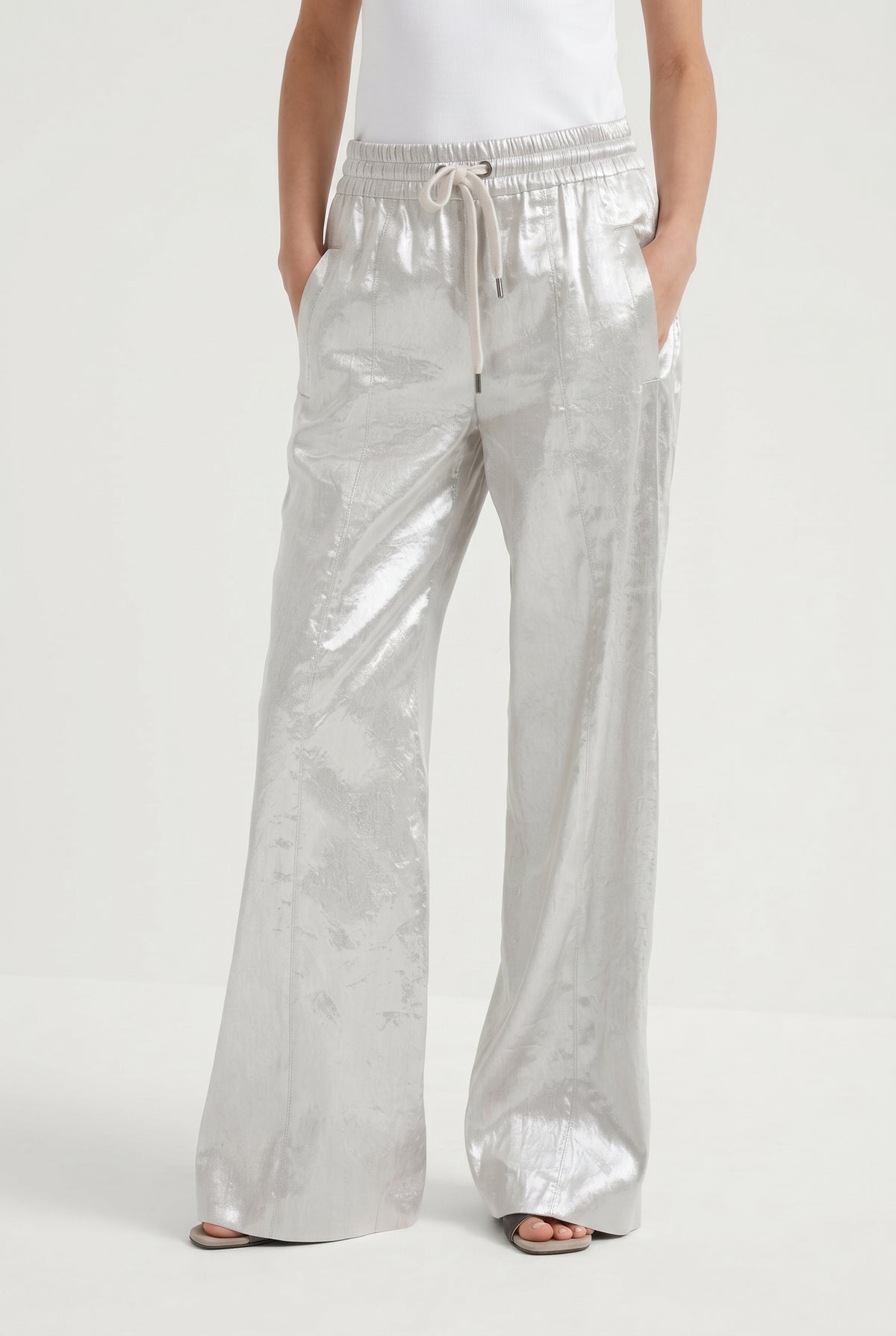 BRUNELLO CUCINELLI WOMEN'S SILVER LINEN WIDE LEG TROUSERS