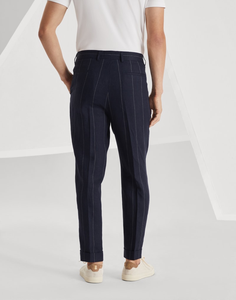 BRUNELLO CUCINELLI MEN'S NAVY LINEN TAPERED TROUSERS