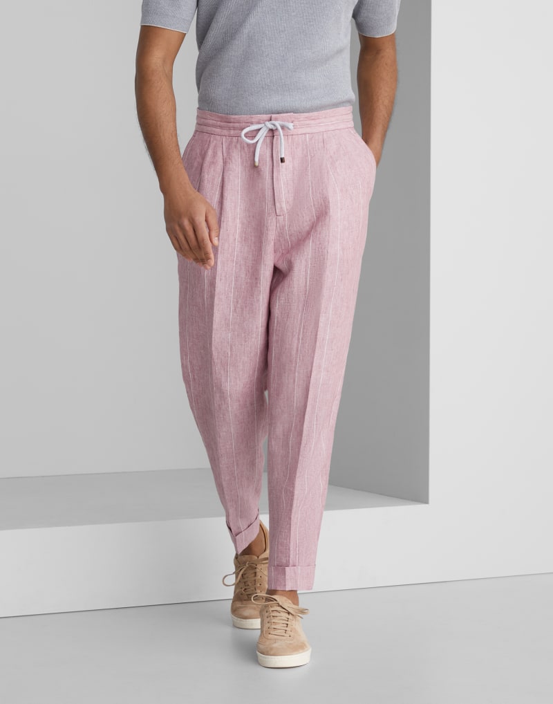 BRUNELLO CUCINELLI MEN'S PINK LINEN RELAXED TROUSERS