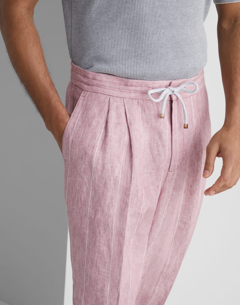 BRUNELLO CUCINELLI MEN'S PINK LINEN RELAXED TROUSERS