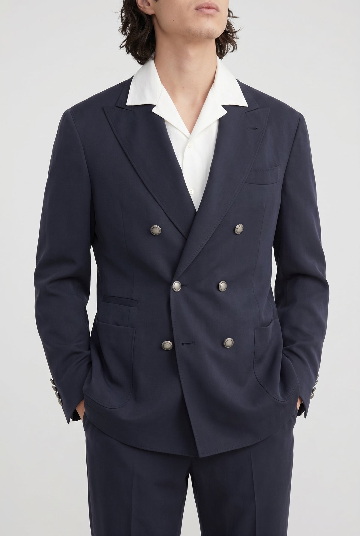 BRUNELLO CUCINELLI MEN'S DARK BLUE SILK DOUBLE BREASTED BLAZER