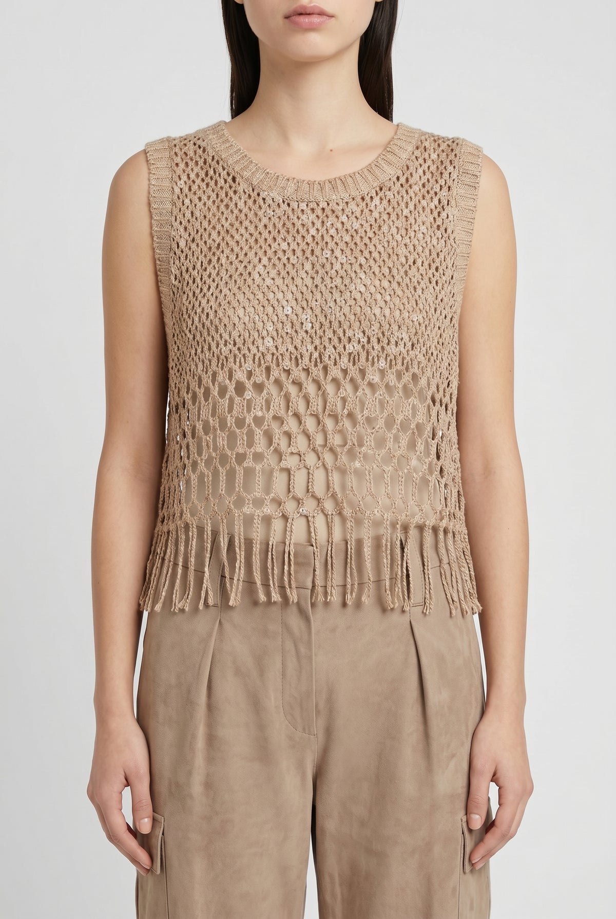 BRUNELLO CUCINELLI WOMEN'S BEIGE LINEN SLEEVELESS SWEATER