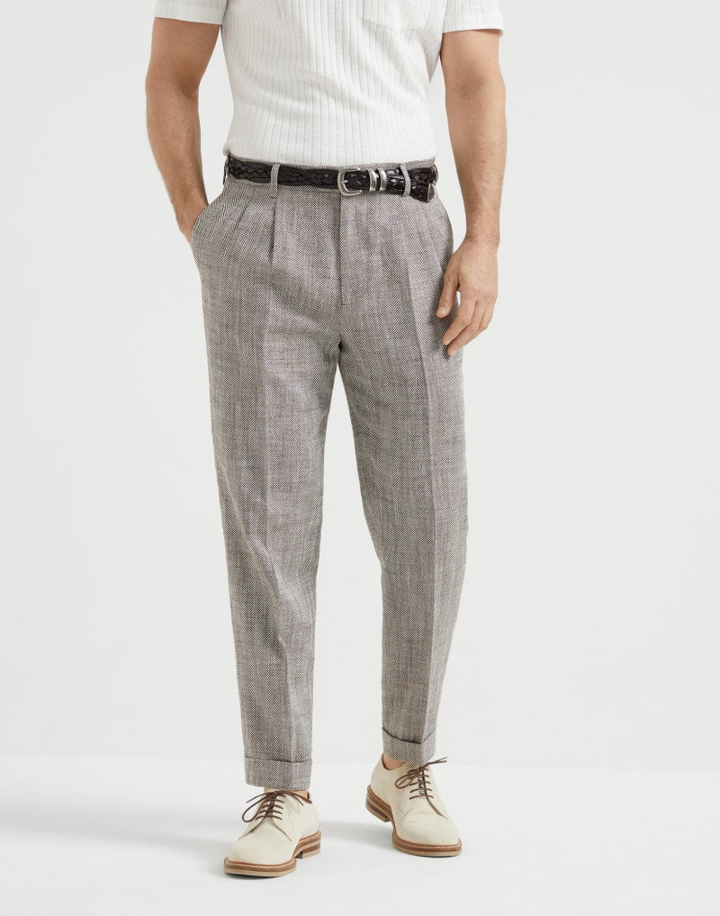 BRUNELLO CUCINELLI MEN'S LIGHT BROWN LINEN BLEND TROUSERS