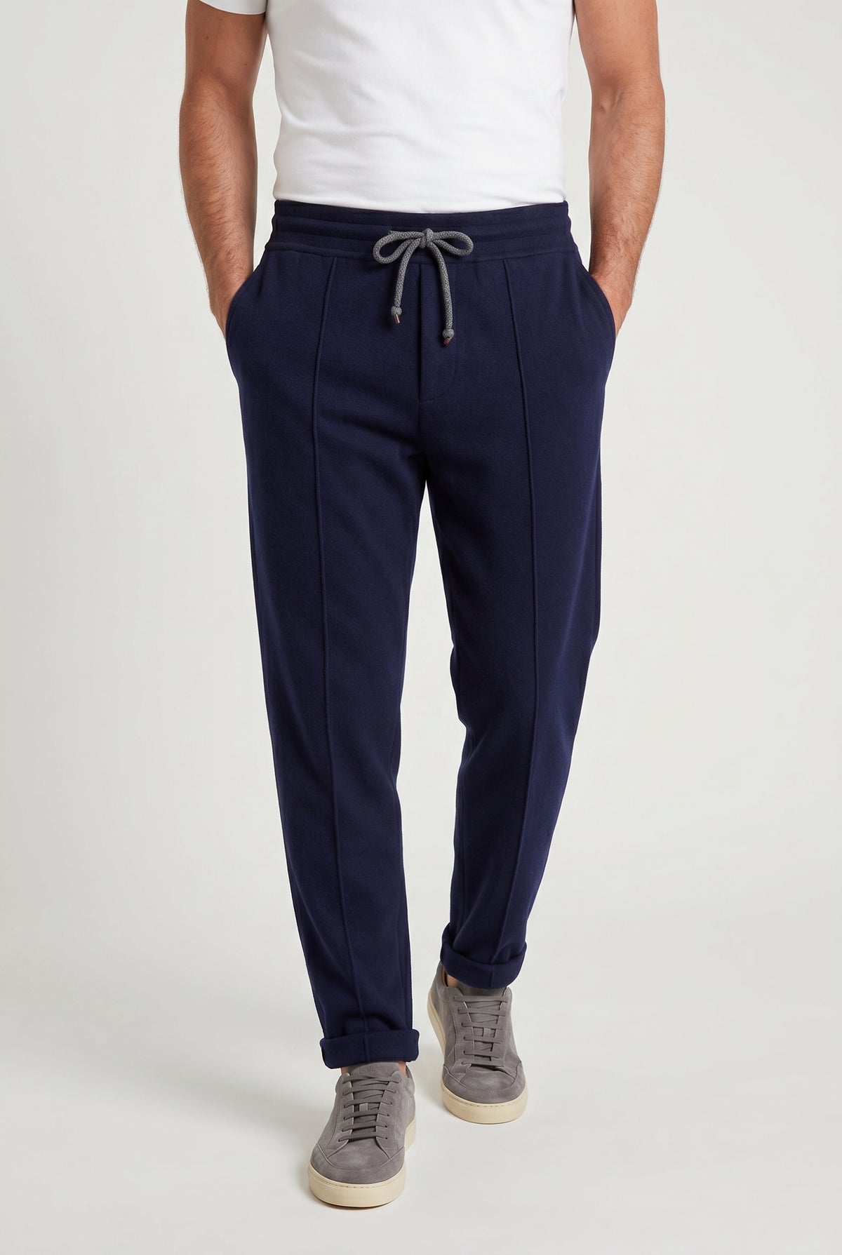 BRUNELLO CUCINELLI MEN'S NAVY WOOL TAPERED TROUSERS