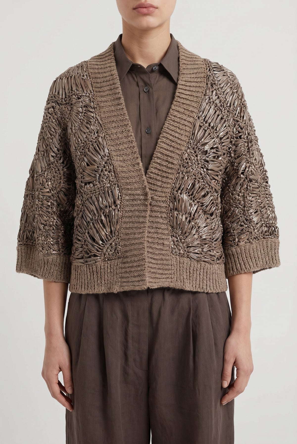 BRUNELLO CUCINELLI WOMEN'S TAUPE OPEN KNIT SWEATER