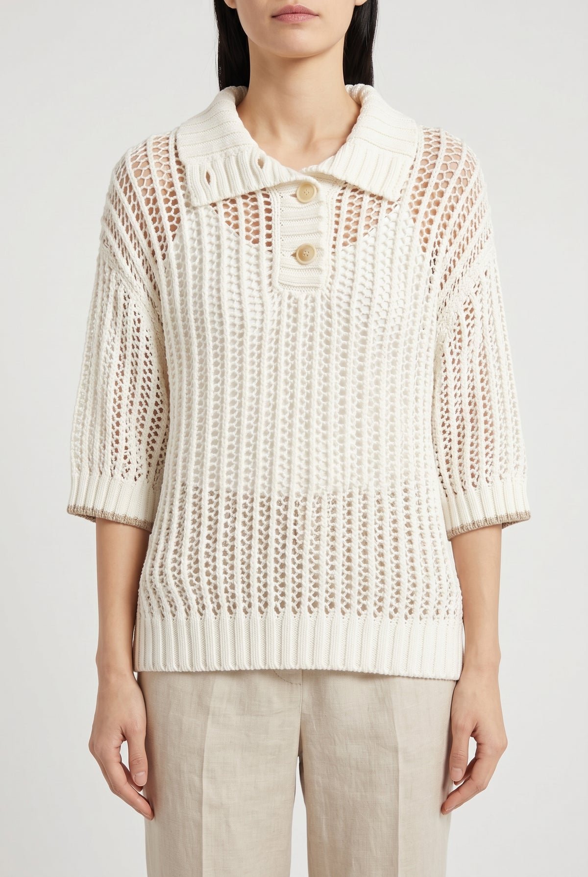 BRUNELLO CUCINELLI WOMEN'S OFF WHITE OPEN KNIT SWEATER