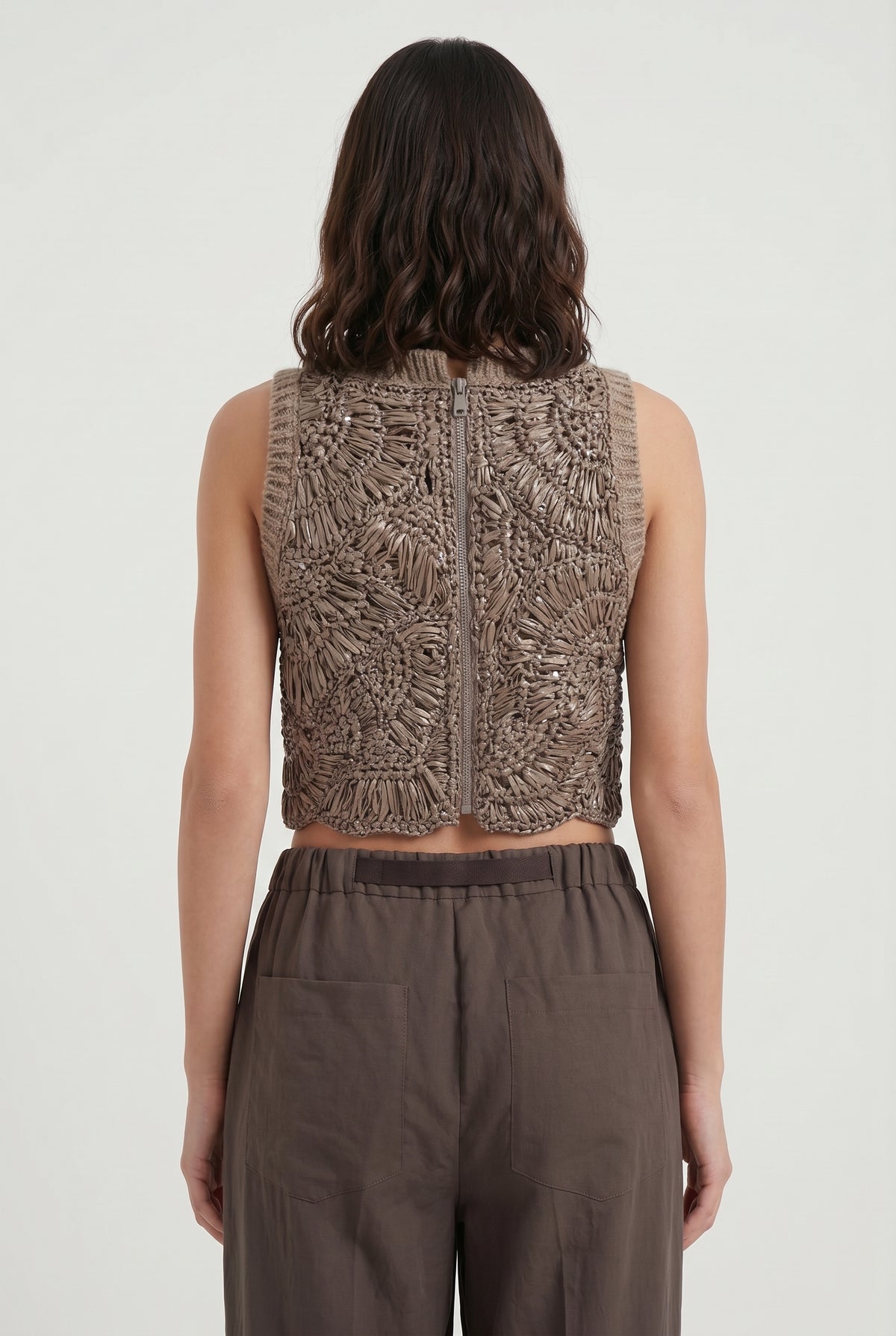 BRUNELLO CUCINELLI WOMEN'S TAUPE CROCHET KNIT SWEATER