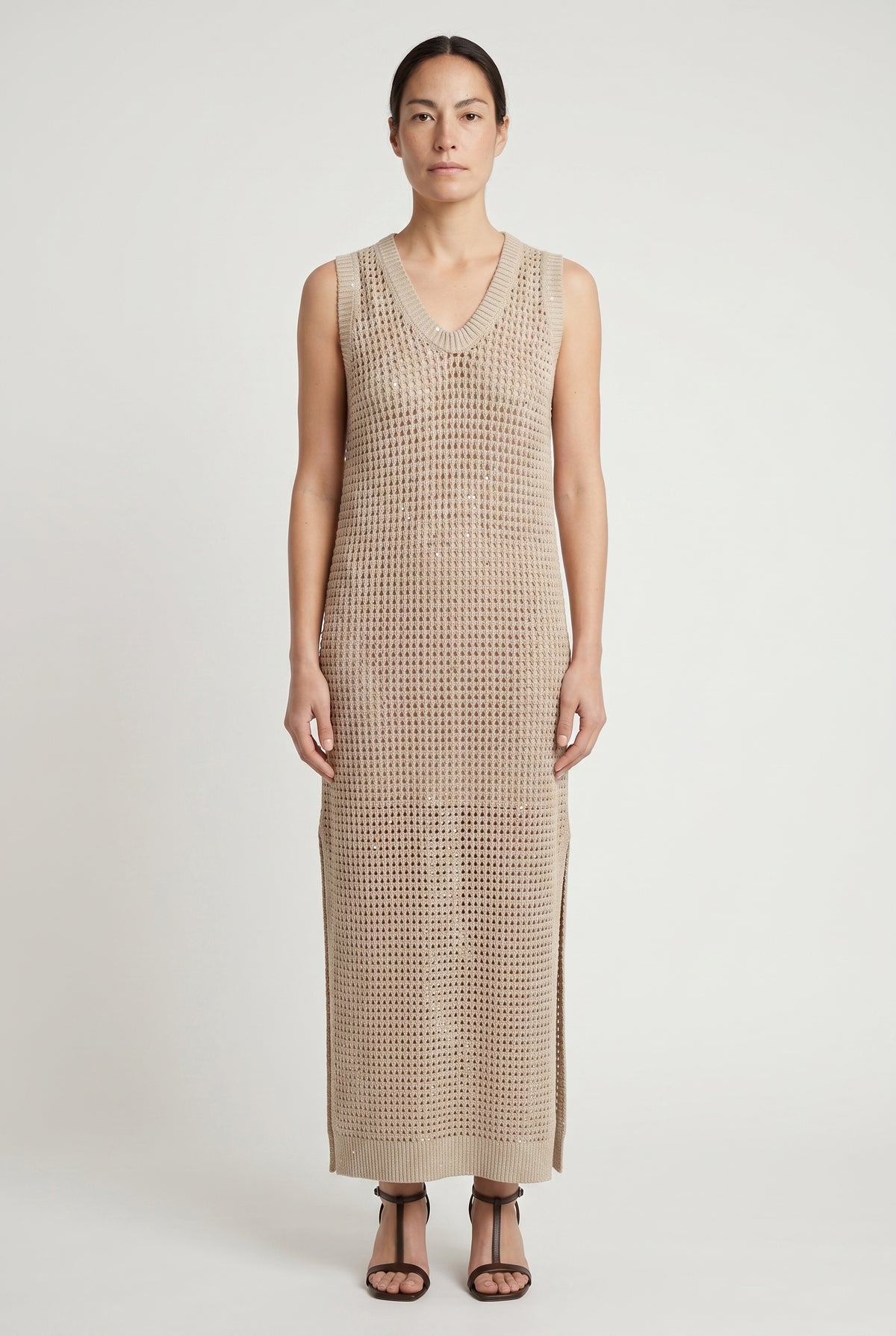 BRUNELLO CUCINELLI WOMEN'S BEIGE KNITTED SLEEVELESS DRESS
