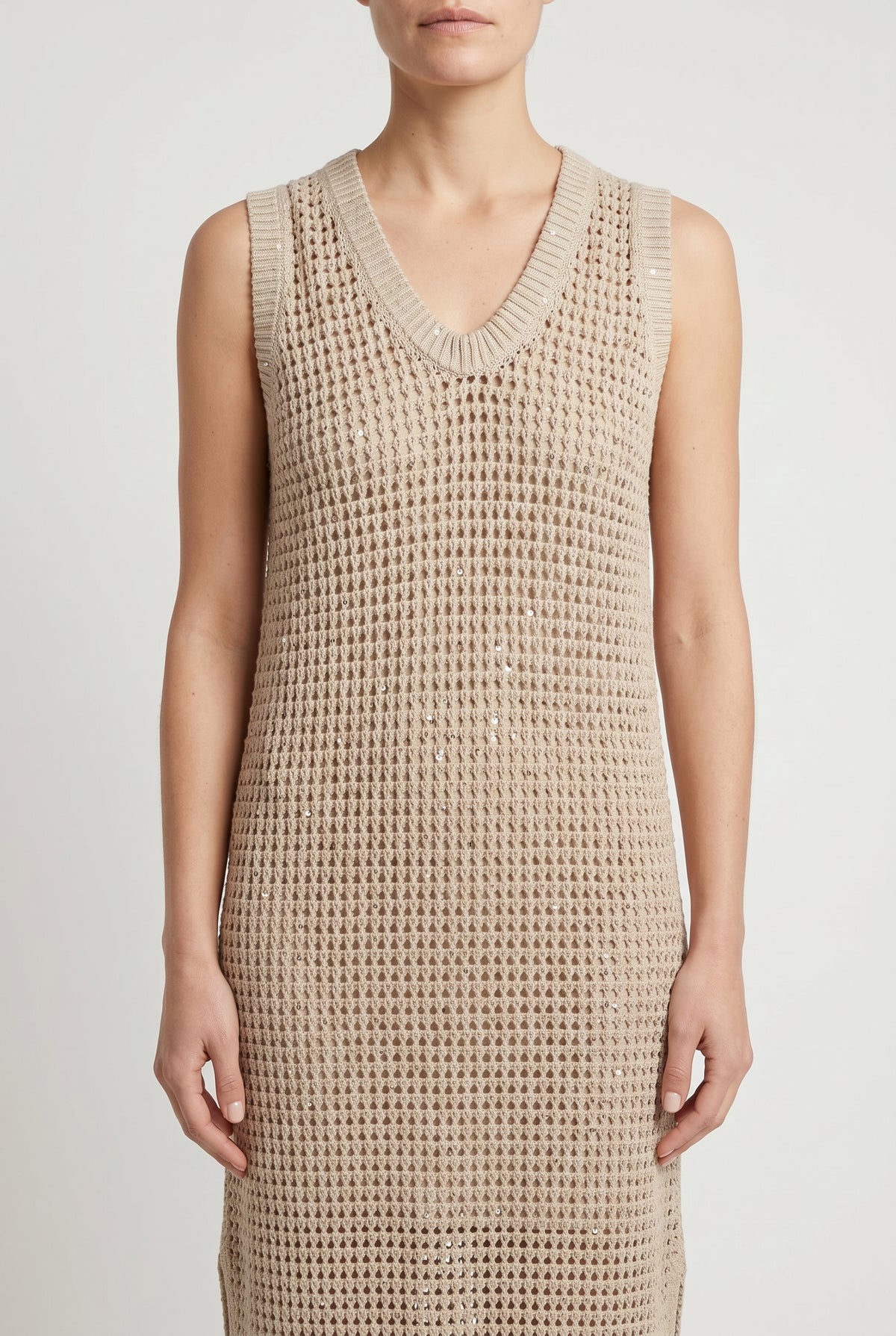 BRUNELLO CUCINELLI WOMEN'S BEIGE KNITTED SLEEVELESS DRESS