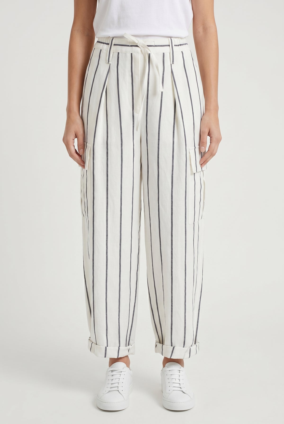 BRUNELLO CUCINELLI WOMEN'S WHITE STRIPED LINEN TROUSERS