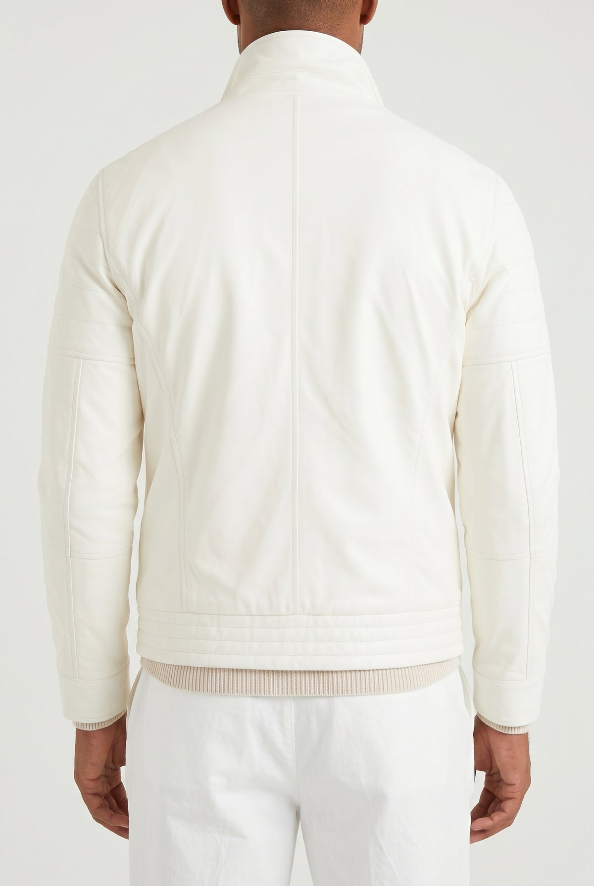 BRUNELLO CUCINELLI MEN'S OFF WHITE LEATHER BIKER JACKET