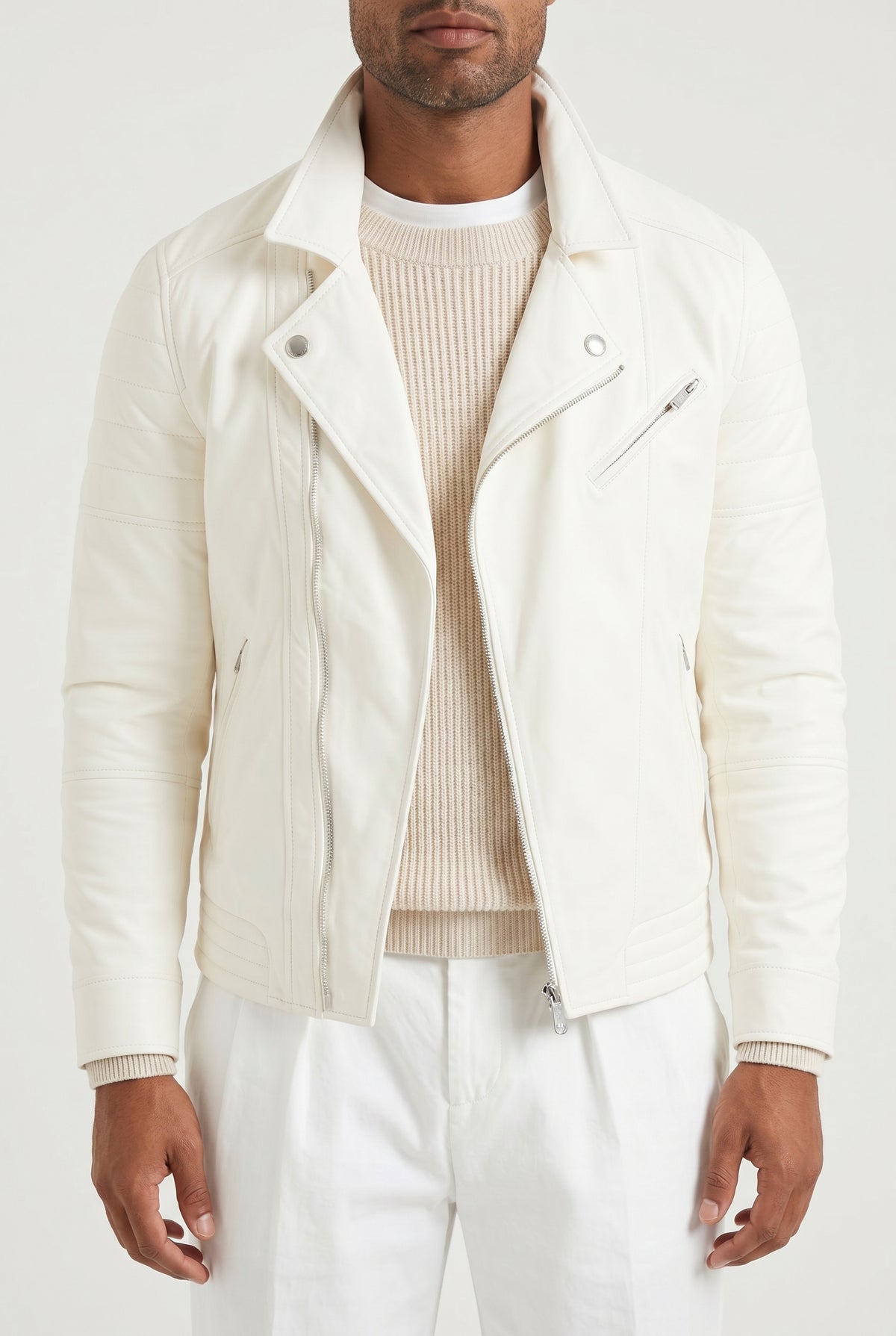 BRUNELLO CUCINELLI MEN'S OFF WHITE LEATHER BIKER JACKET