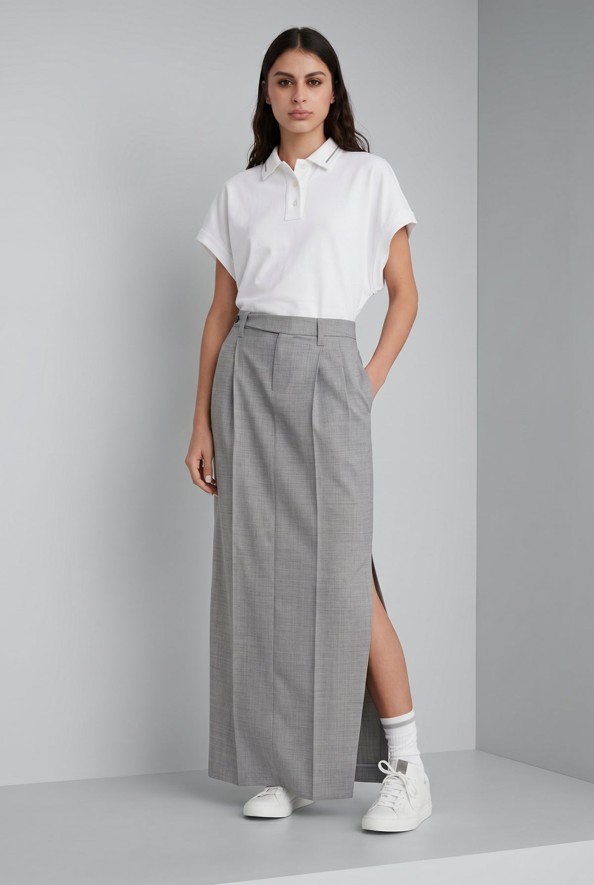 BRUNELLO CUCINELLI WOMEN'S LIGHT GREY WOOL SKIRT