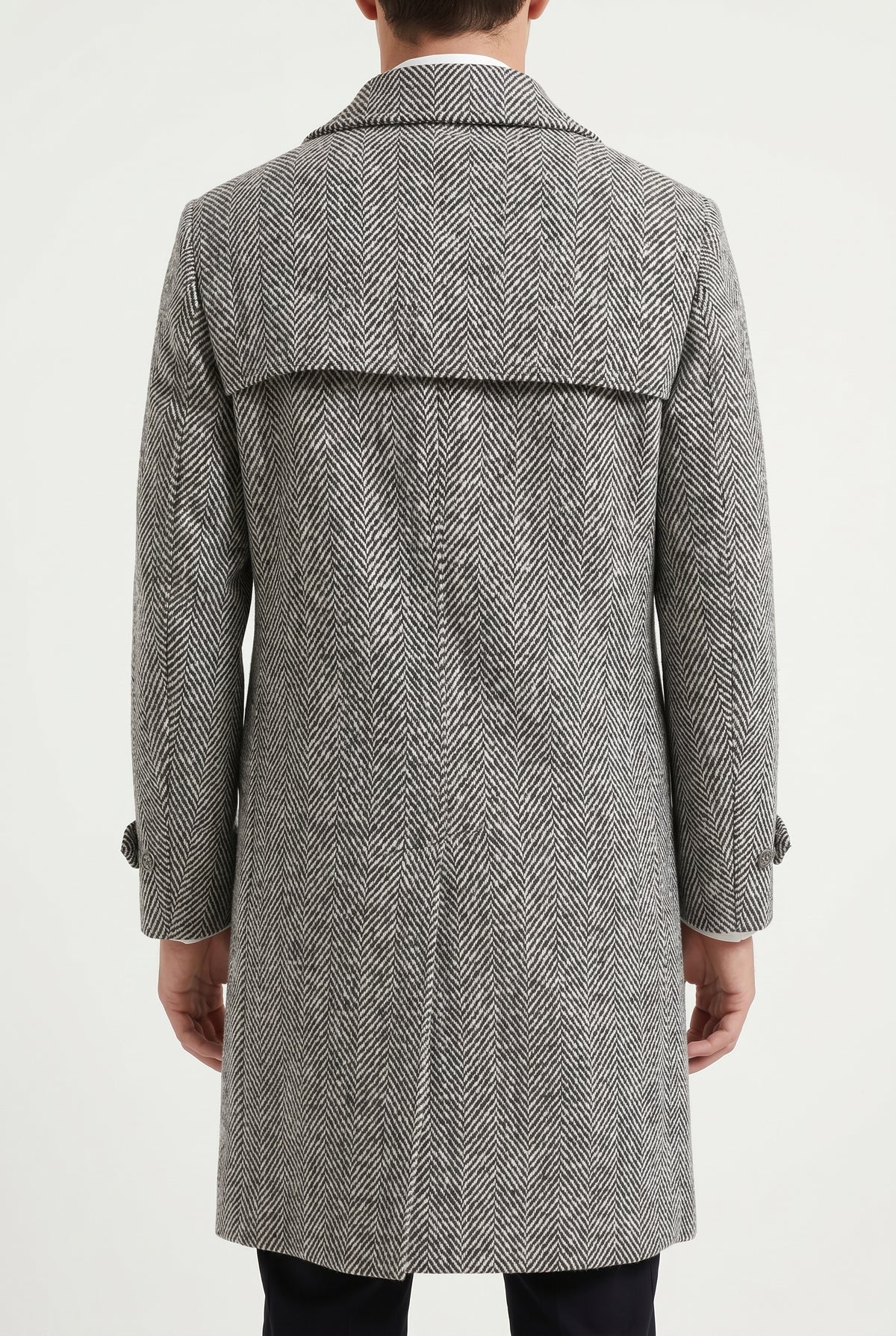 BRUNELLO CUCINELLI MEN'S BLACK WHITE WOOL HERRINGBONE COAT