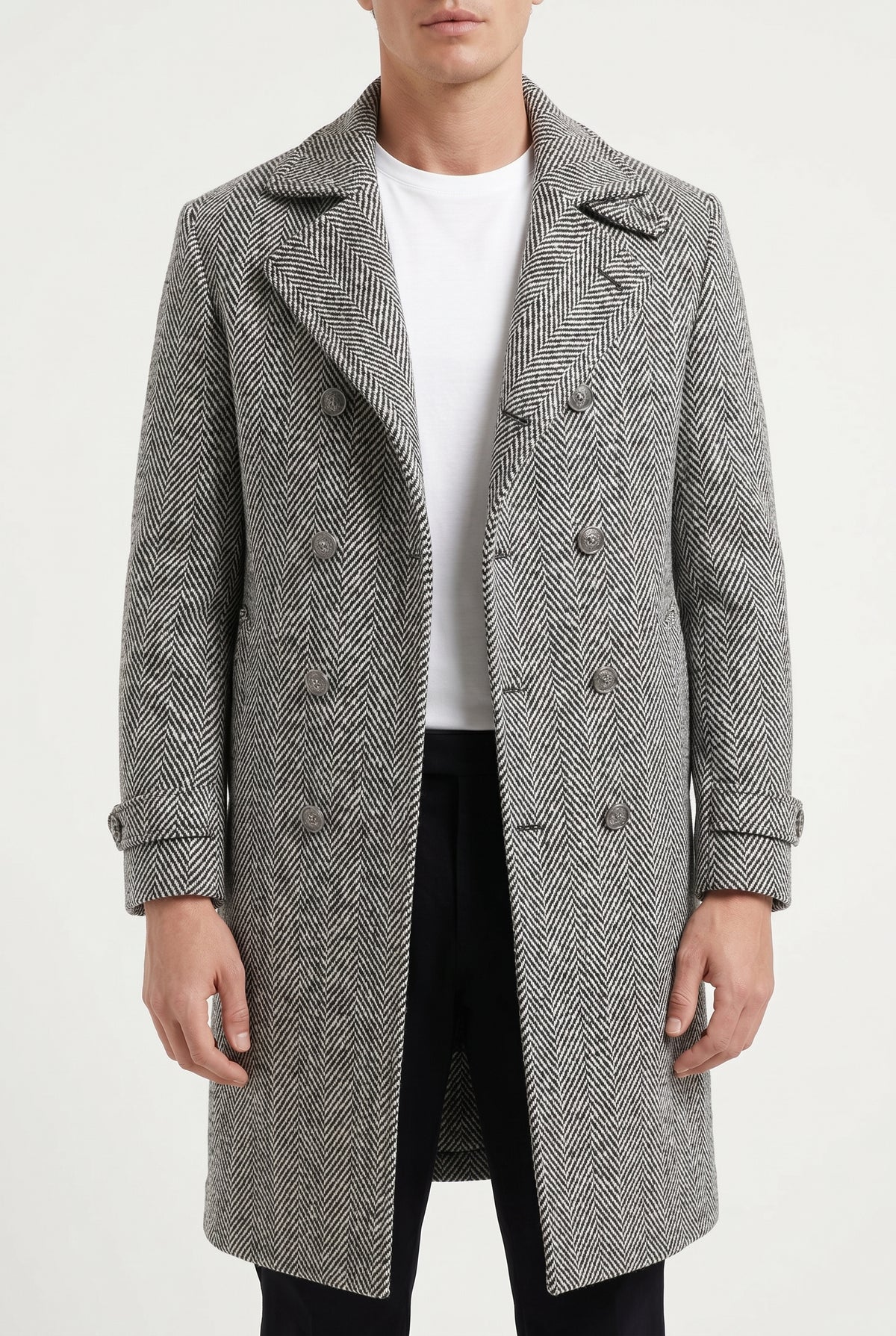 BRUNELLO CUCINELLI MEN'S BLACK WHITE WOOL HERRINGBONE COAT