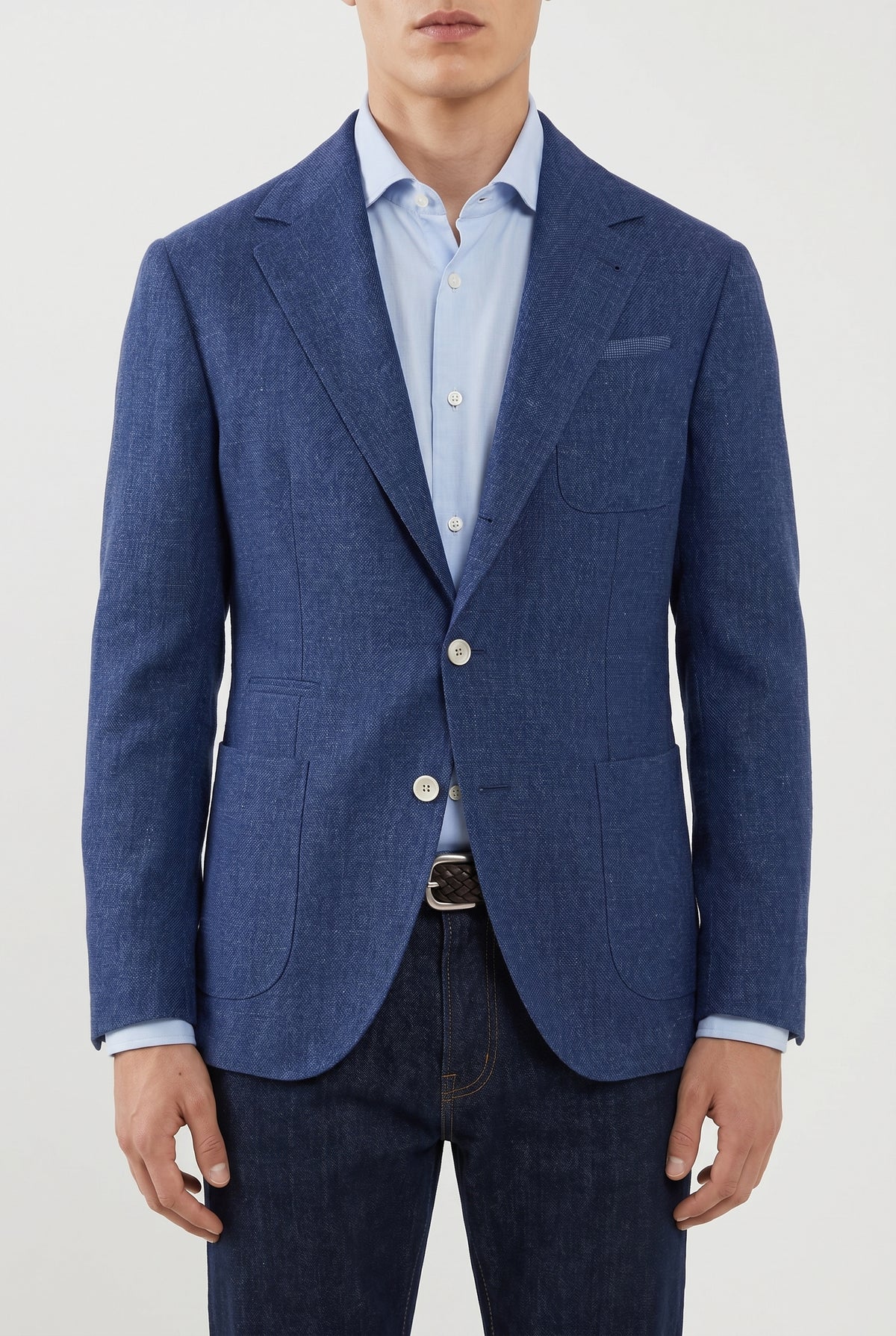 BRUNELLO CUCINELLI MEN'S BLUE LINEN WOOL BLAZER
