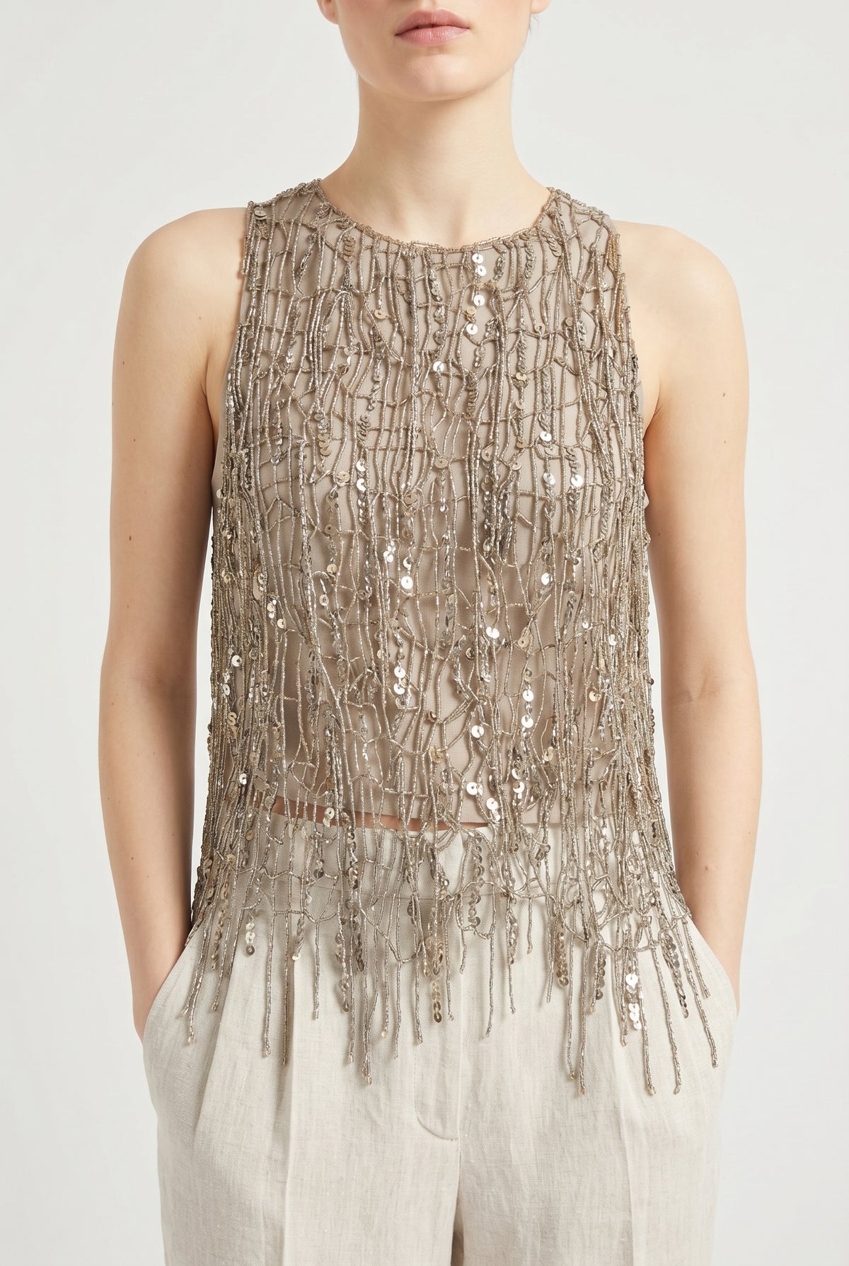 BRUNELLO CUCINELLI WOMEN'S GOLD SLEEVELESS EMBELLISHED TOP