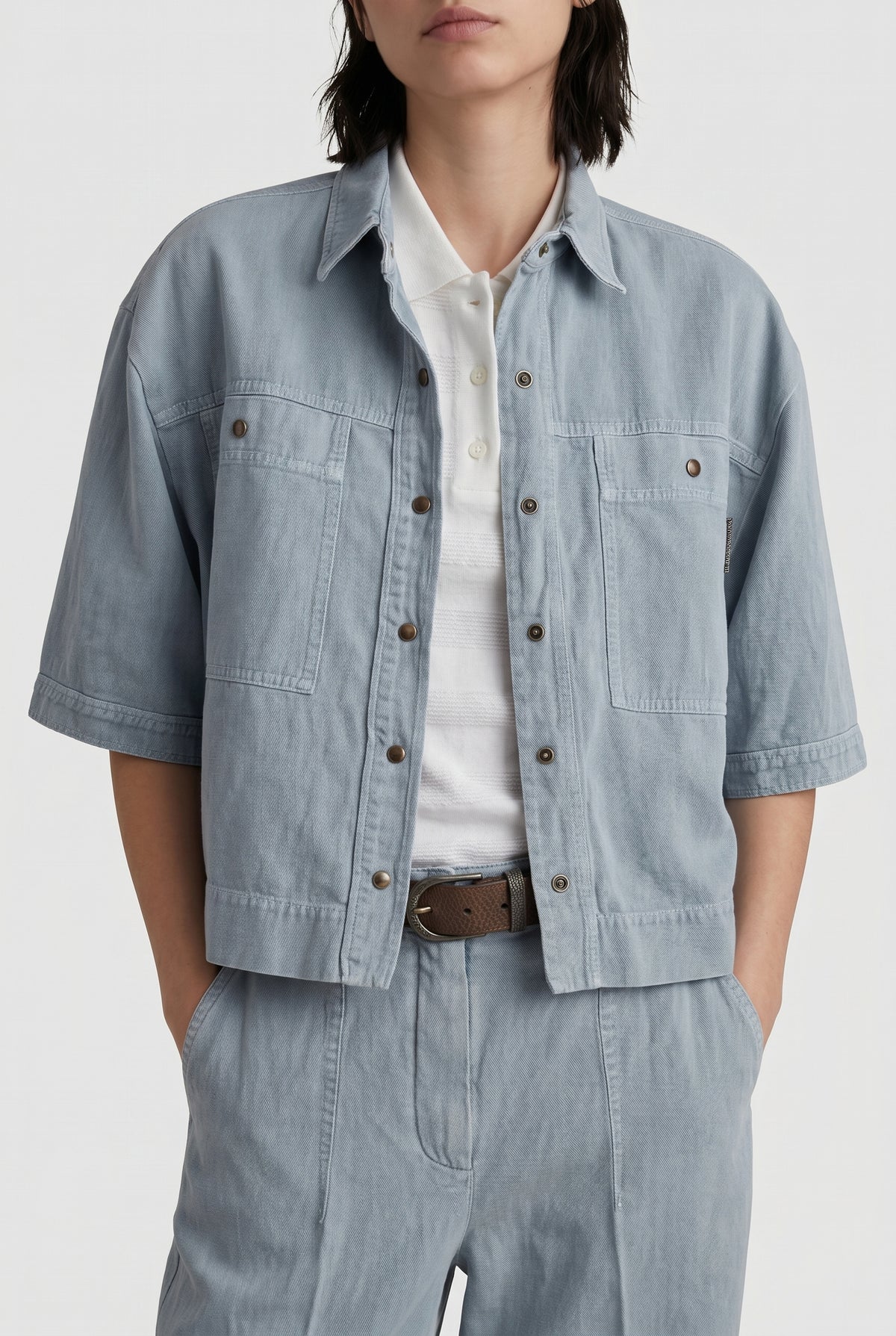 BRUNELLO CUCINELLI WOMEN'S LIGHT BLUE LINEN BLEND SHIRT