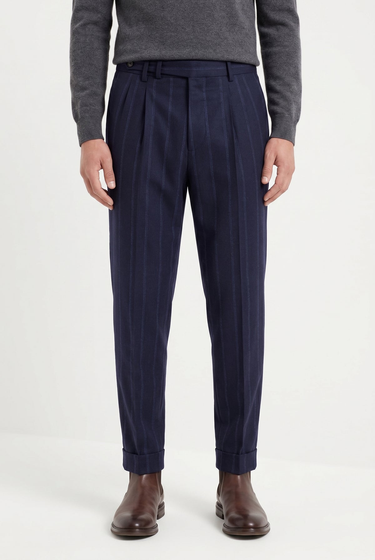 BRUNELLO CUCINELLI MEN'S NAVY WOOL TAILORED TROUSERS