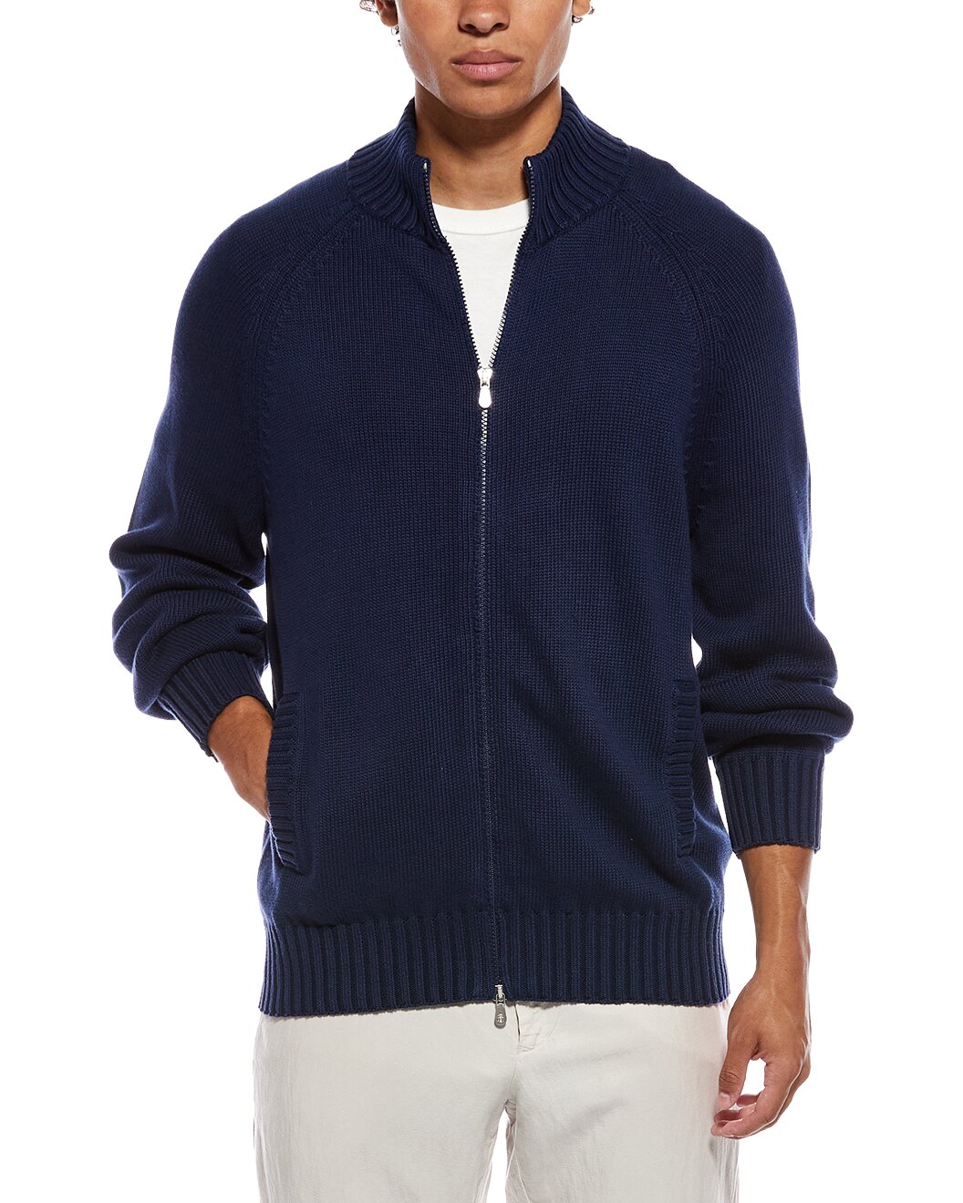 BRUNELLO CUCINELLI MEN'S DARK BLUE ZIP SWEATER