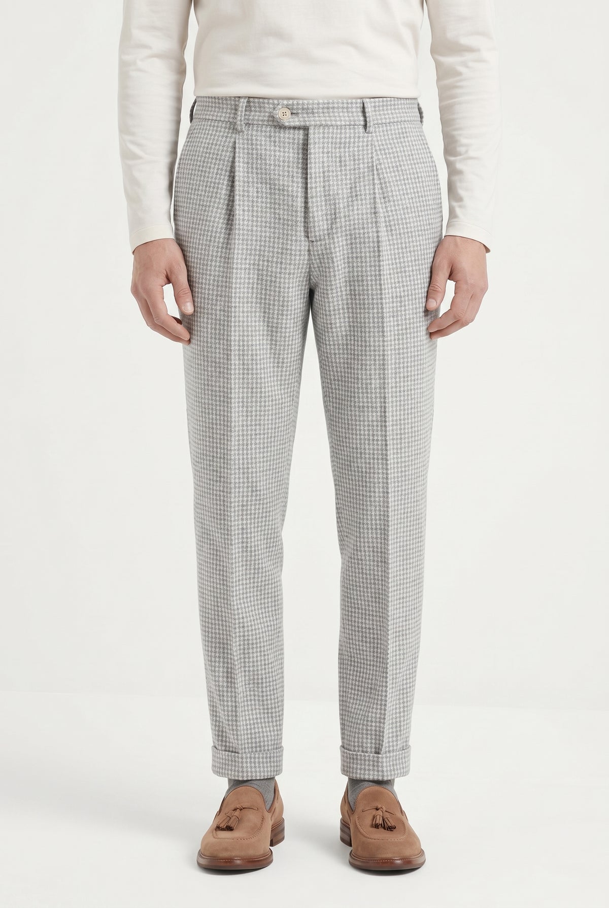 BRUNELLO CUCINELLI MEN'S LIGHT GREY WOOL BLEND TROUSERS