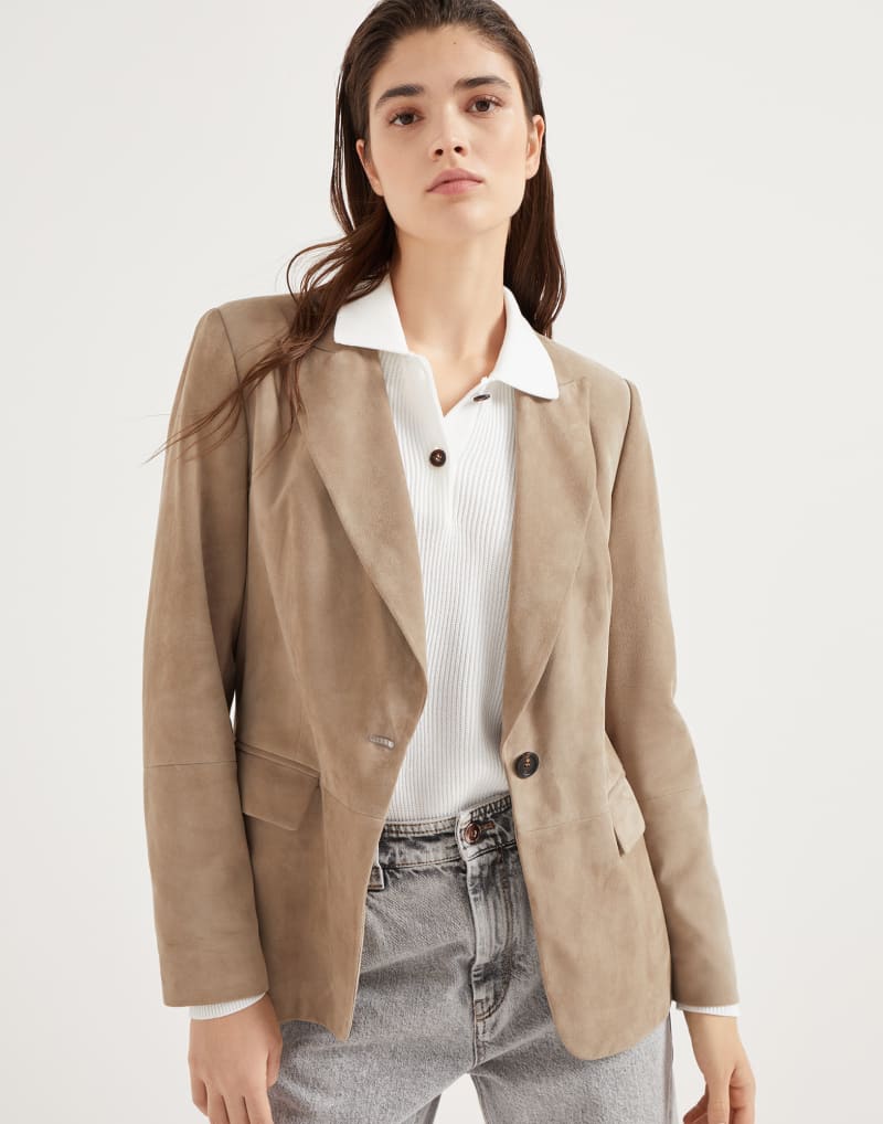 BRUNELLO CUCINELLI WOMEN'S TAUPE LEATHER SINGLE BUTTON BLAZER JACKET