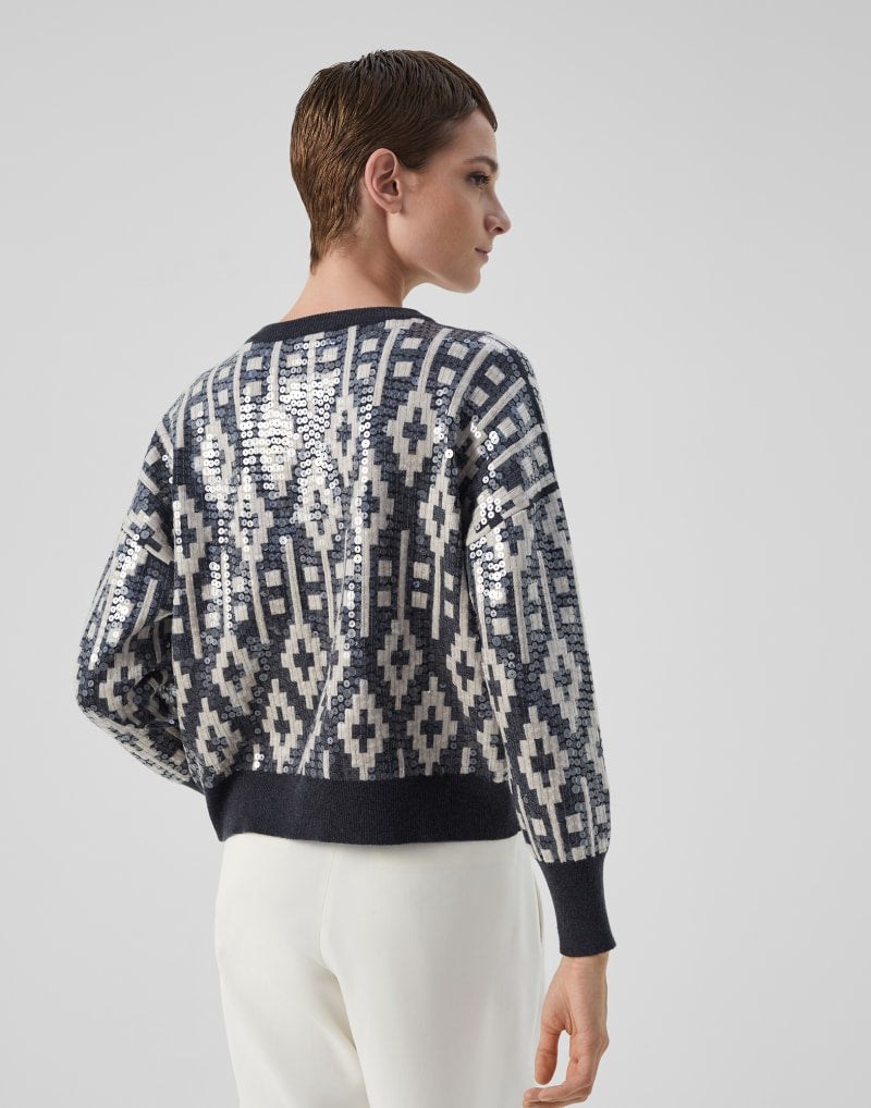 BRUNELLO CUCINELLI WOMEN'S BLACK STONE WOOL SILK JACQUARD SWEATER