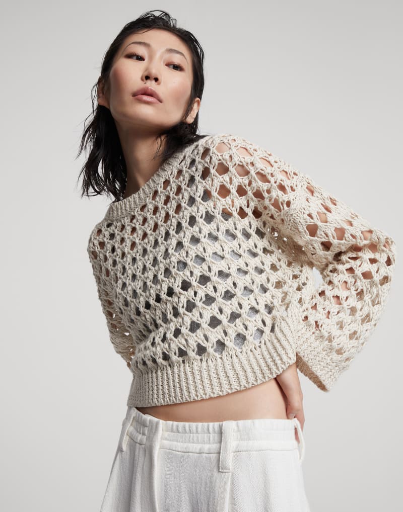 BRUNELLO CUCINELLI WOMEN'S BEIGE OPENWORK KNIT SWEATER