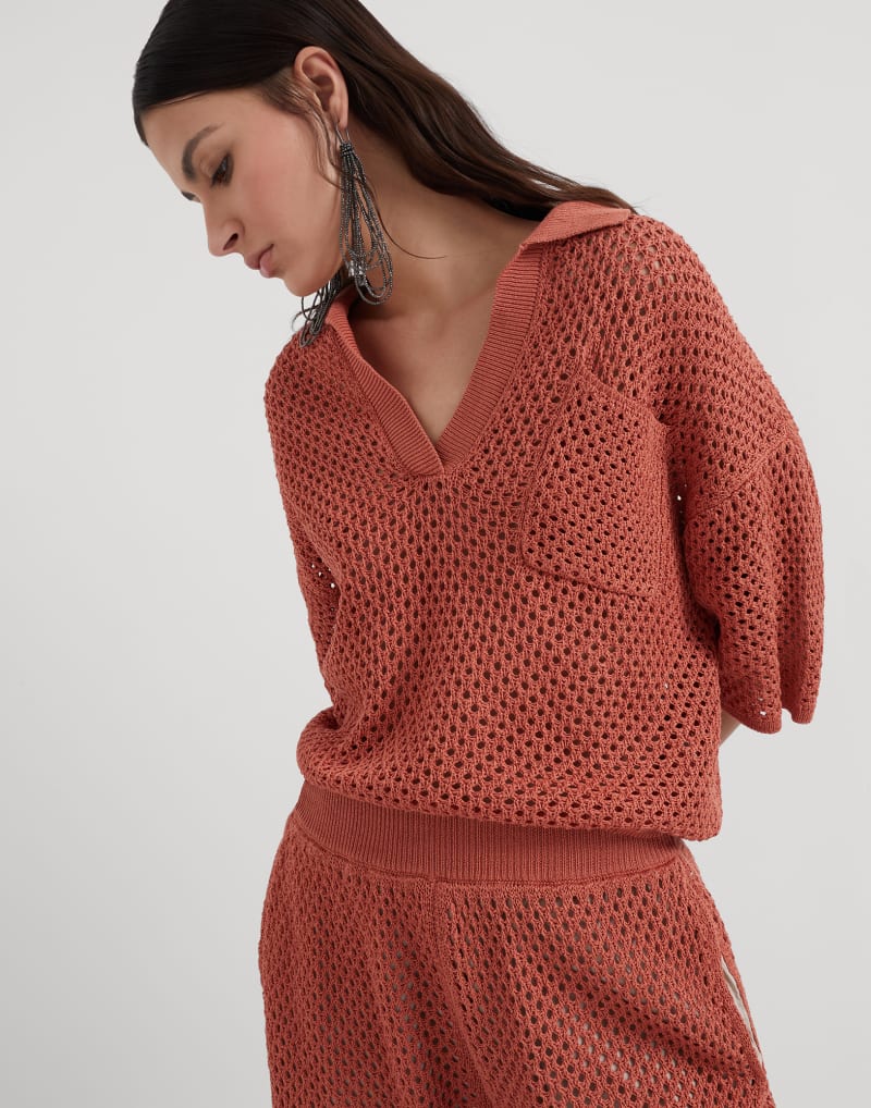 BRUNELLO CUCINELLI WOMEN'S RUST OPENWORK COTTON SWEATER