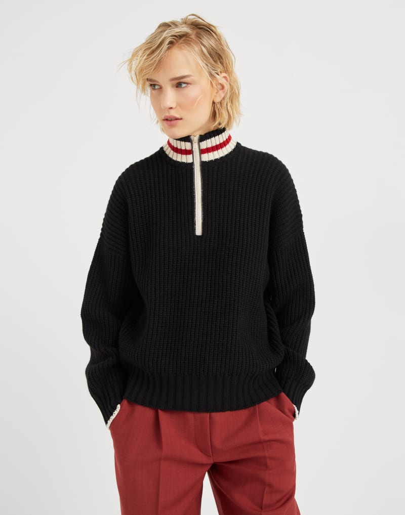 BRUNELLO CUCINELLI WOMEN'S BLACK WOOL HALF ZIP KNIT SWEATER