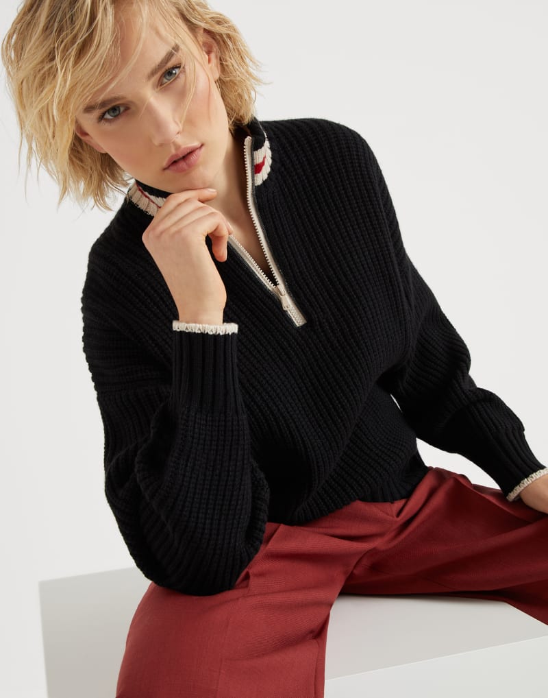 BRUNELLO CUCINELLI WOMEN'S BLACK WOOL HALF ZIP KNIT SWEATER