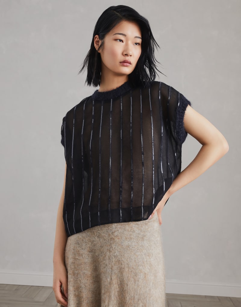 BRUNELLO CUCINELLI WOMEN'S BLACK SILK SHEER STRIPED SLEEVELESS SHIRT