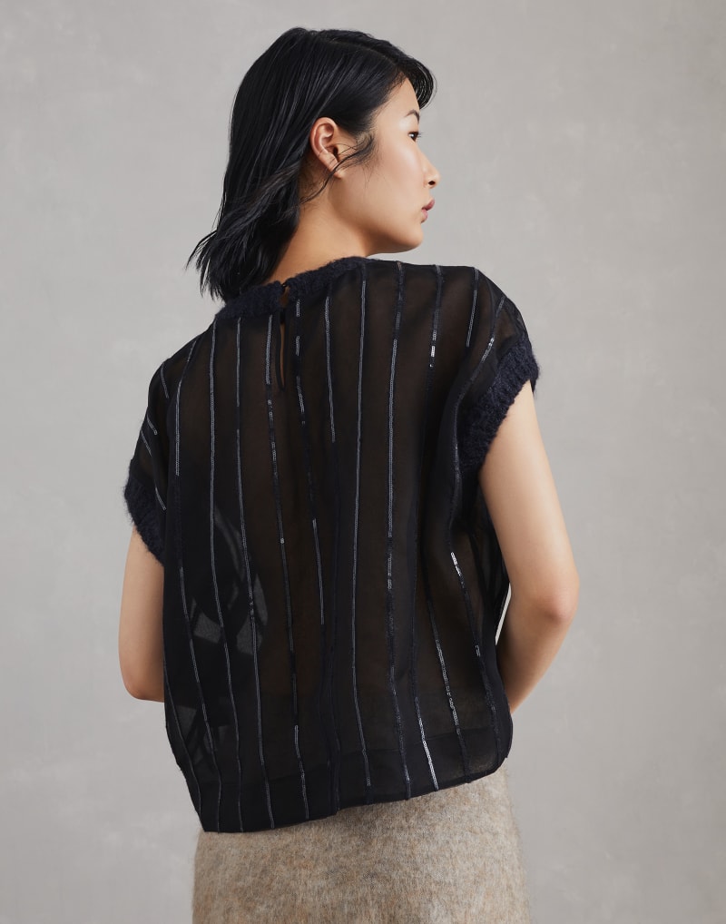 BRUNELLO CUCINELLI WOMEN'S BLACK SILK SHEER STRIPED SLEEVELESS SHIRT