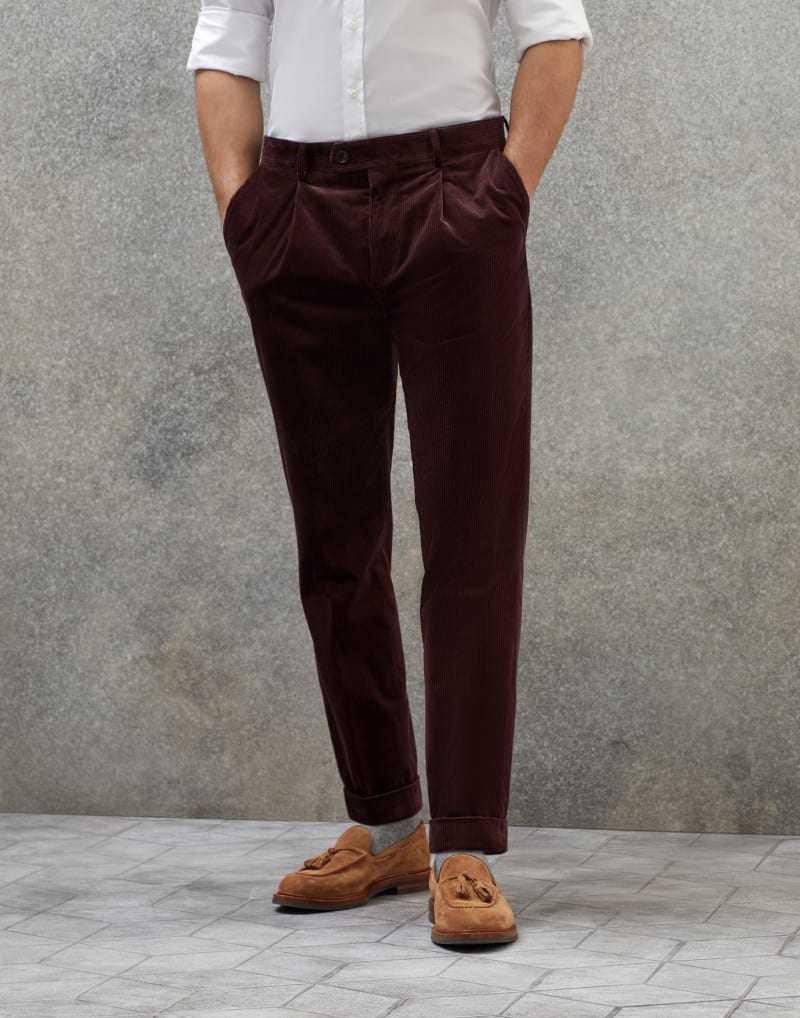 BRUNELLO CUCINELLI MEN'S PLUM COTTON CORDUROY TROUSERS