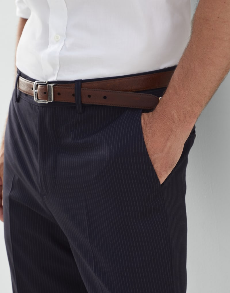 BRUNELLO CUCINELLI MEN'S NAVY WOOL PINSTRIPE TROUSERS