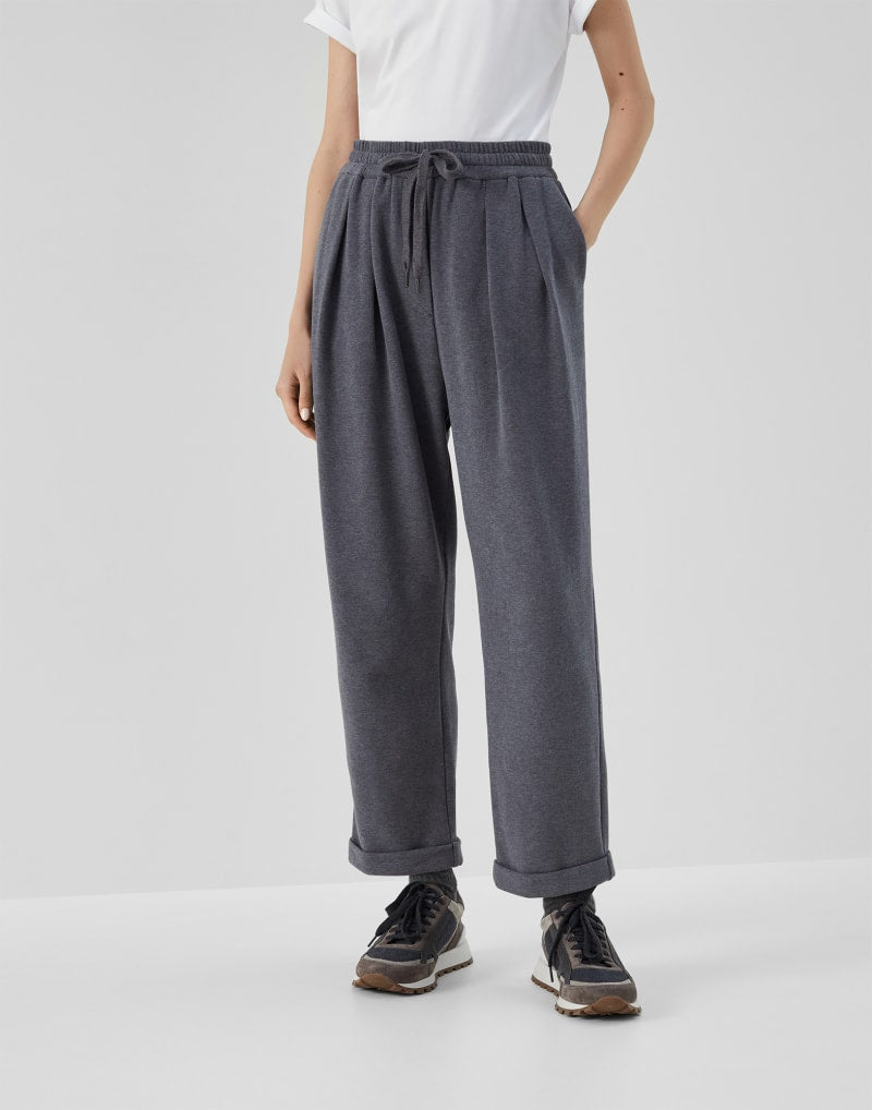BRUNELLO CUCINELLI WOMEN'S DARK GREY COTTON PLEATED TROUSERS