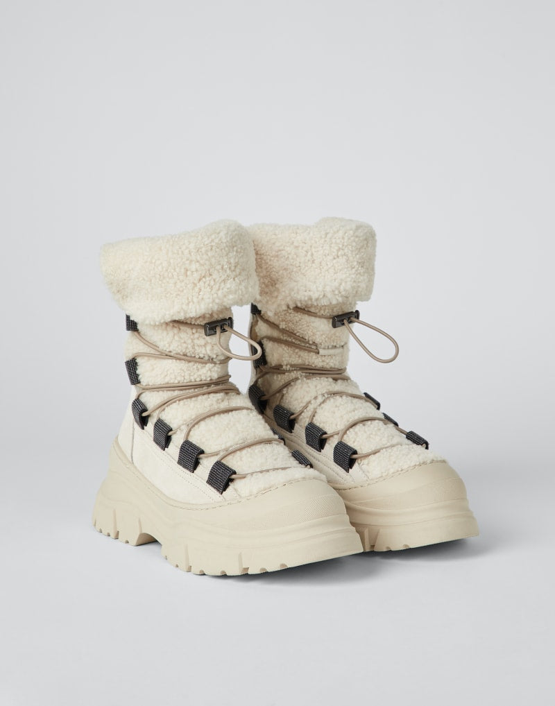BRUNELLO CUCINELLI WOMEN'S IVORY SHEARLING LACE UP BOOTS